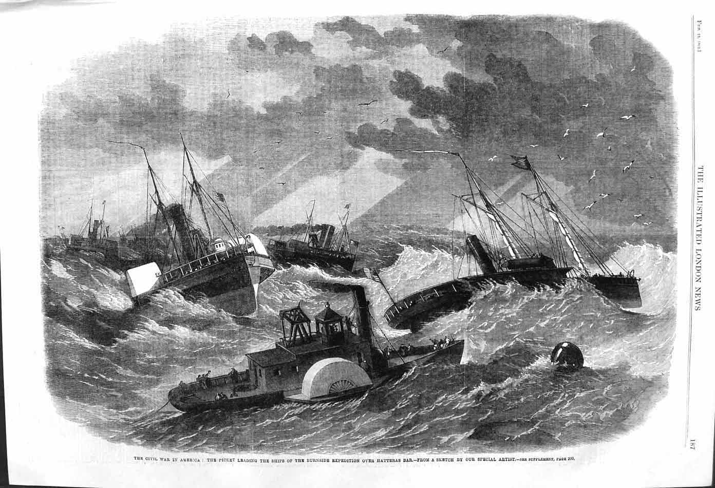Original Old Antique Print 1862 War America Picket Ships Burnside Hatteras Bar