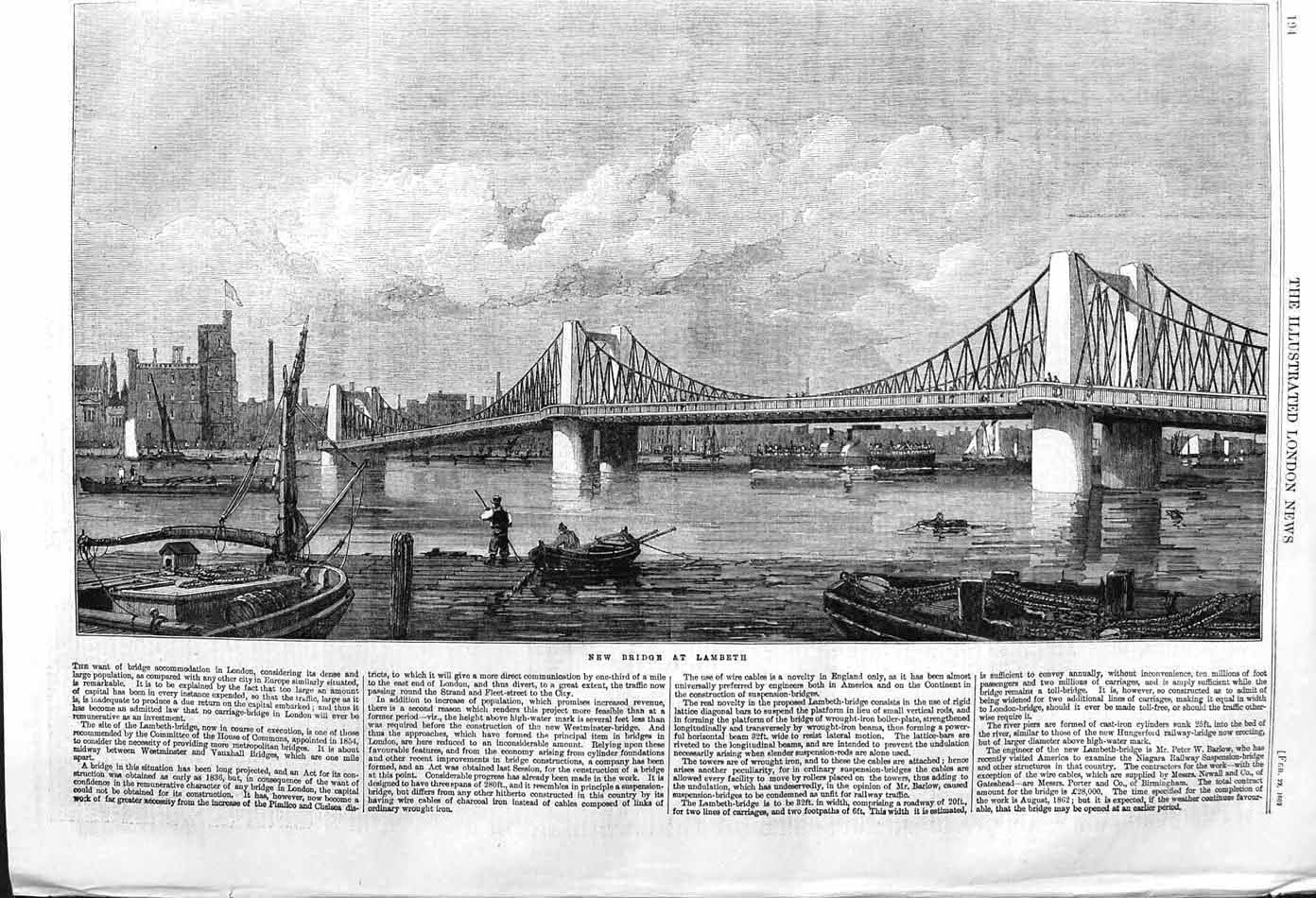 Original Old Antique Print 1862 View New Bridge Lambeth Engineering London 19th
