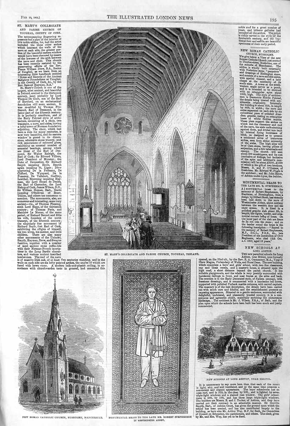 Original Old Antique Print 1862 Mary'S Collegiate Church Ireland School Ashton