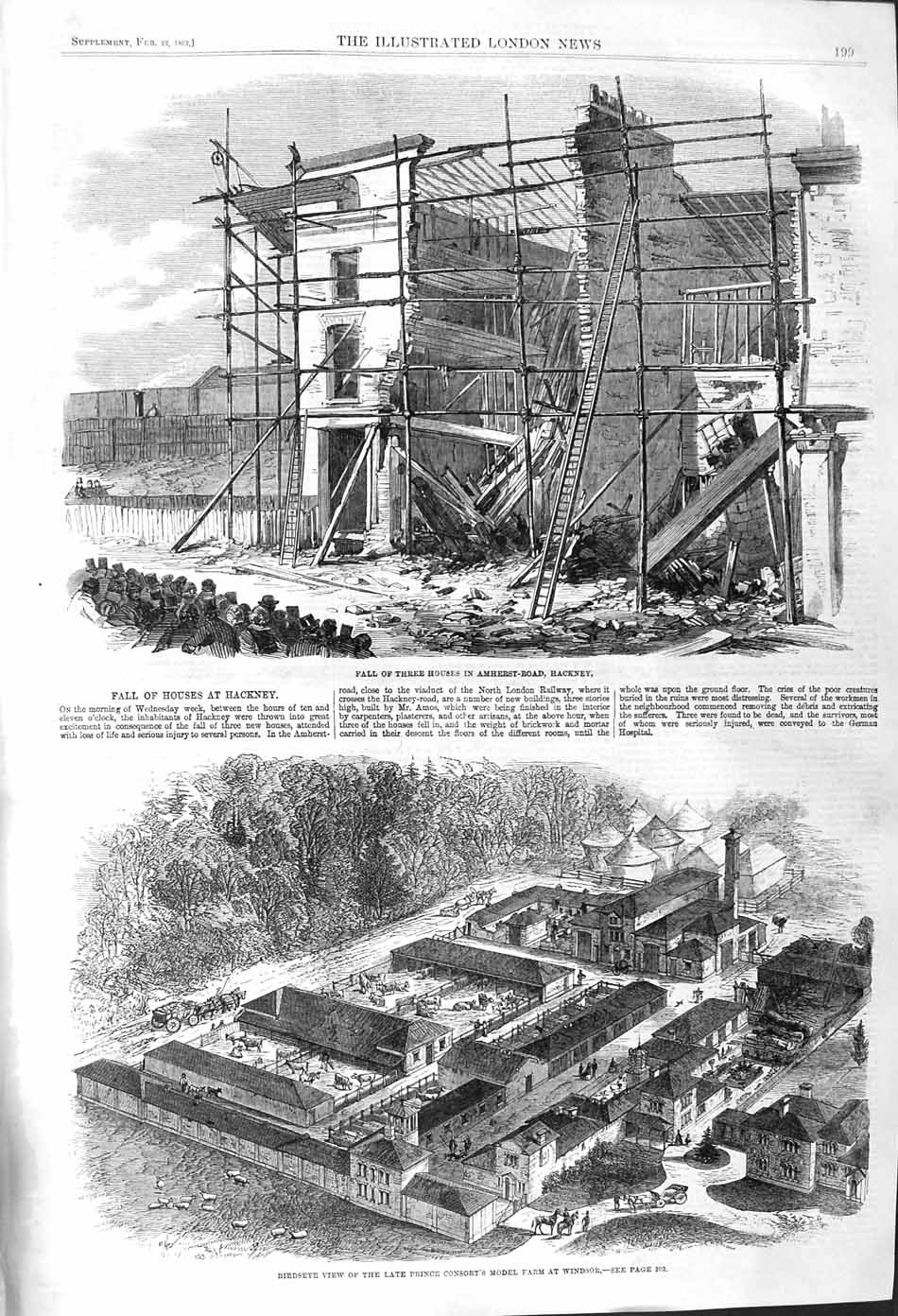 Original Old Antique Print 1862 Falls Houses Amherst Hackney Model Farm Windsor