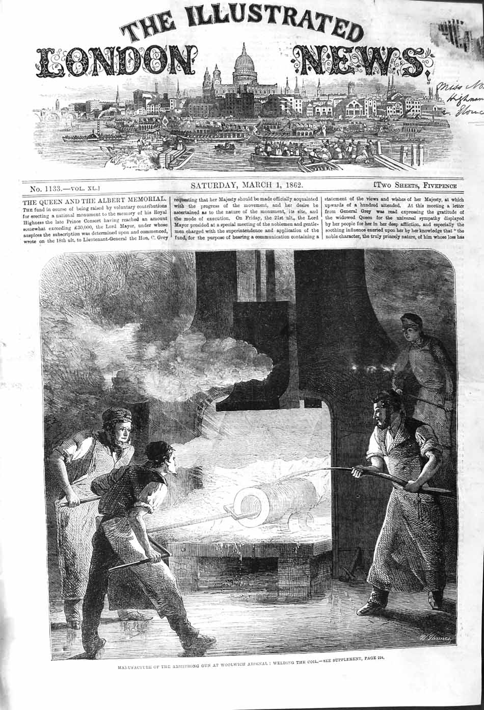 Antique Old Print *3747 1862 Manufacture Armstrong Gun Woolwich Arsenal Coil