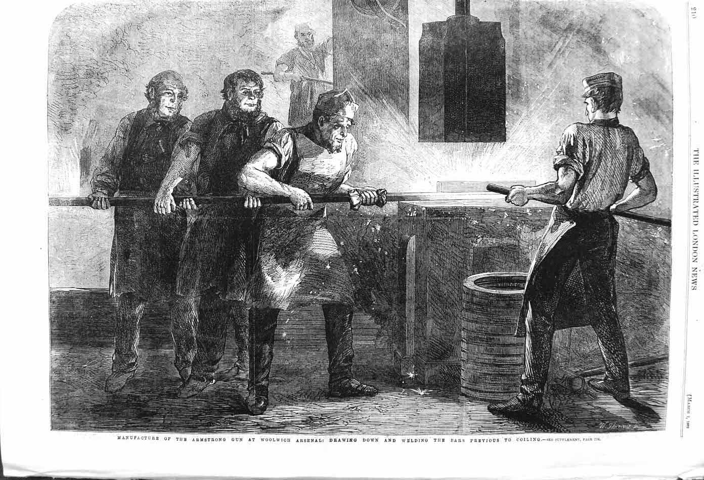 Original Old Antique Print 1862 Manufacture Armstrong Gun Woolwich Arsenal 19th