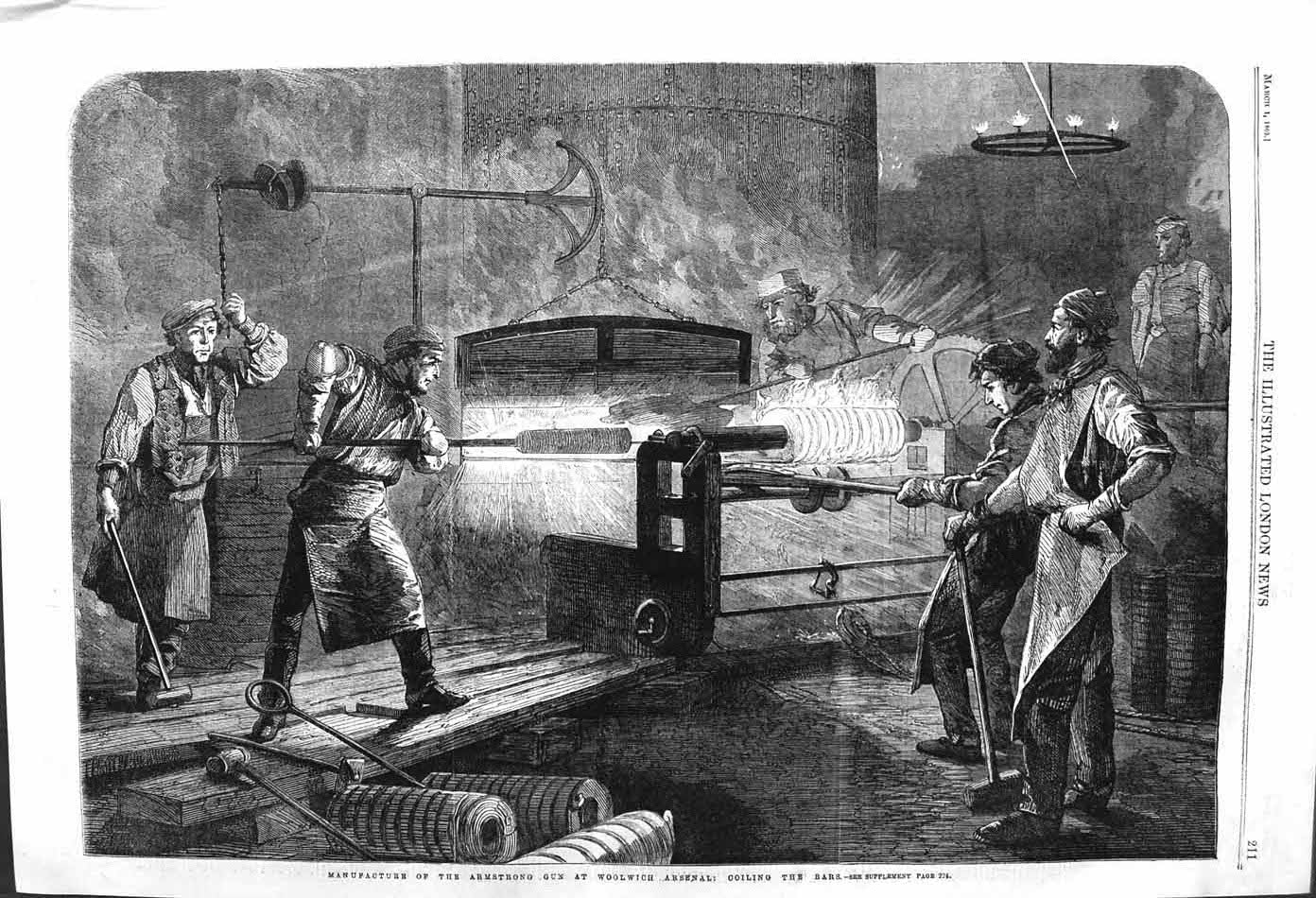 Original Old Antique Print 1862 Manufacture Armstrong Gun Woolwich Arsenal Bars