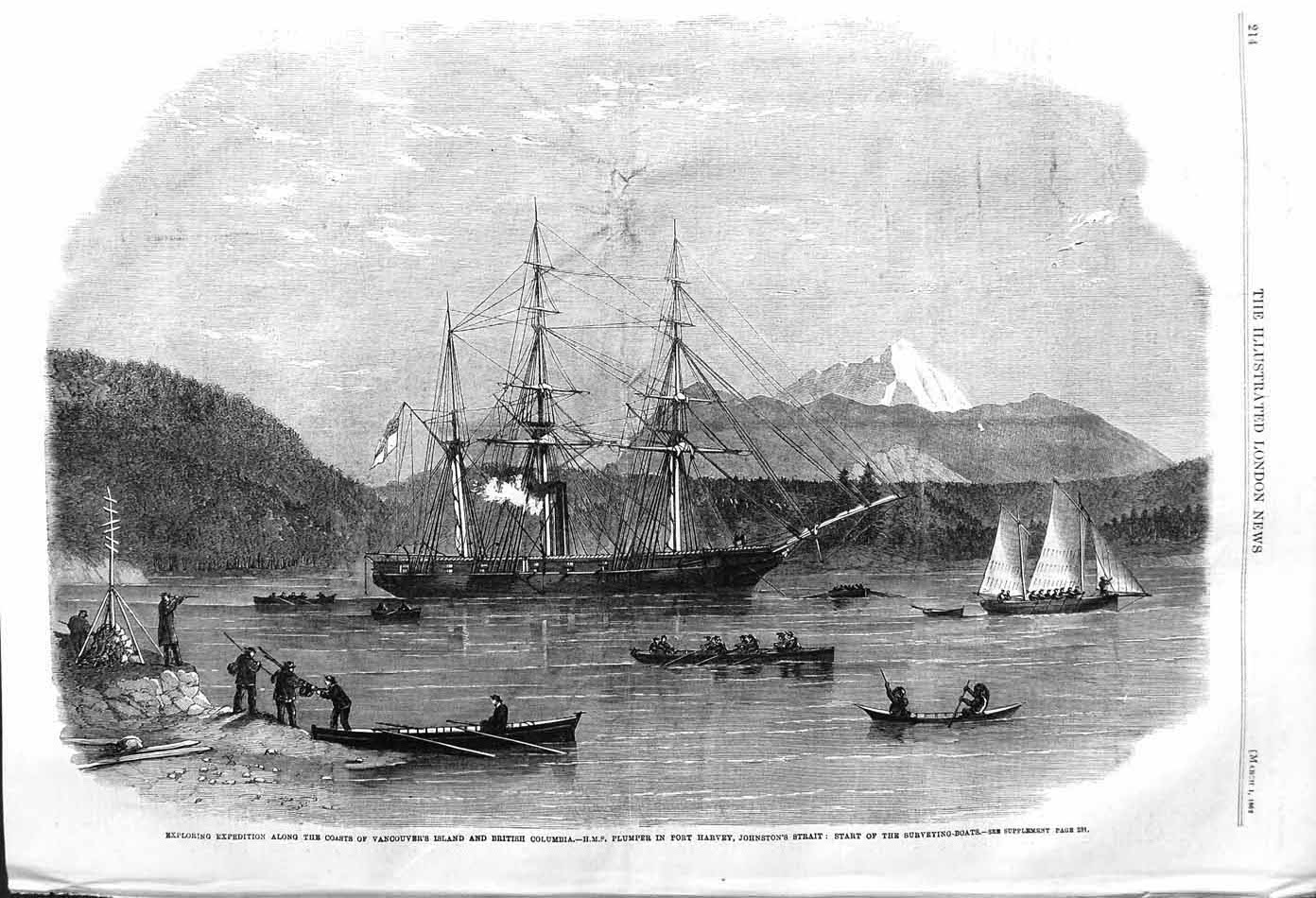 Original Old Antique Print 1862 Vancouver Island Columbia Harvey Ships Plumper