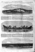 Original Old Antique Print 1862 Vancouver Hospital Point Canoe Indians Moun 19th
