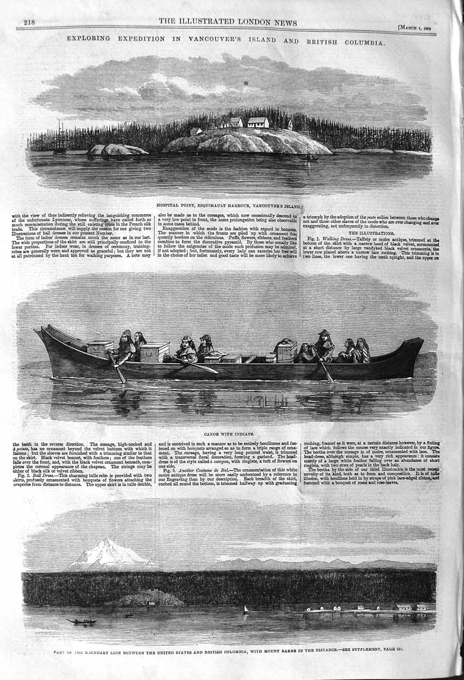 Original Old Antique Print 1862 Vancouver Hospital Point Canoe Indians Moun 19th