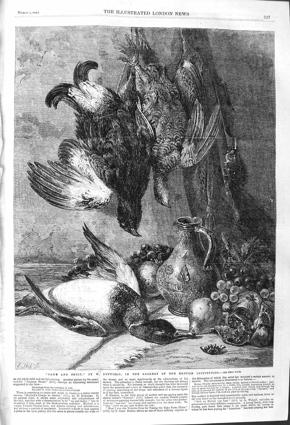 Original Old Antique Print 1862 Game Fruit Birds Duck Hunting Duffield F 19th