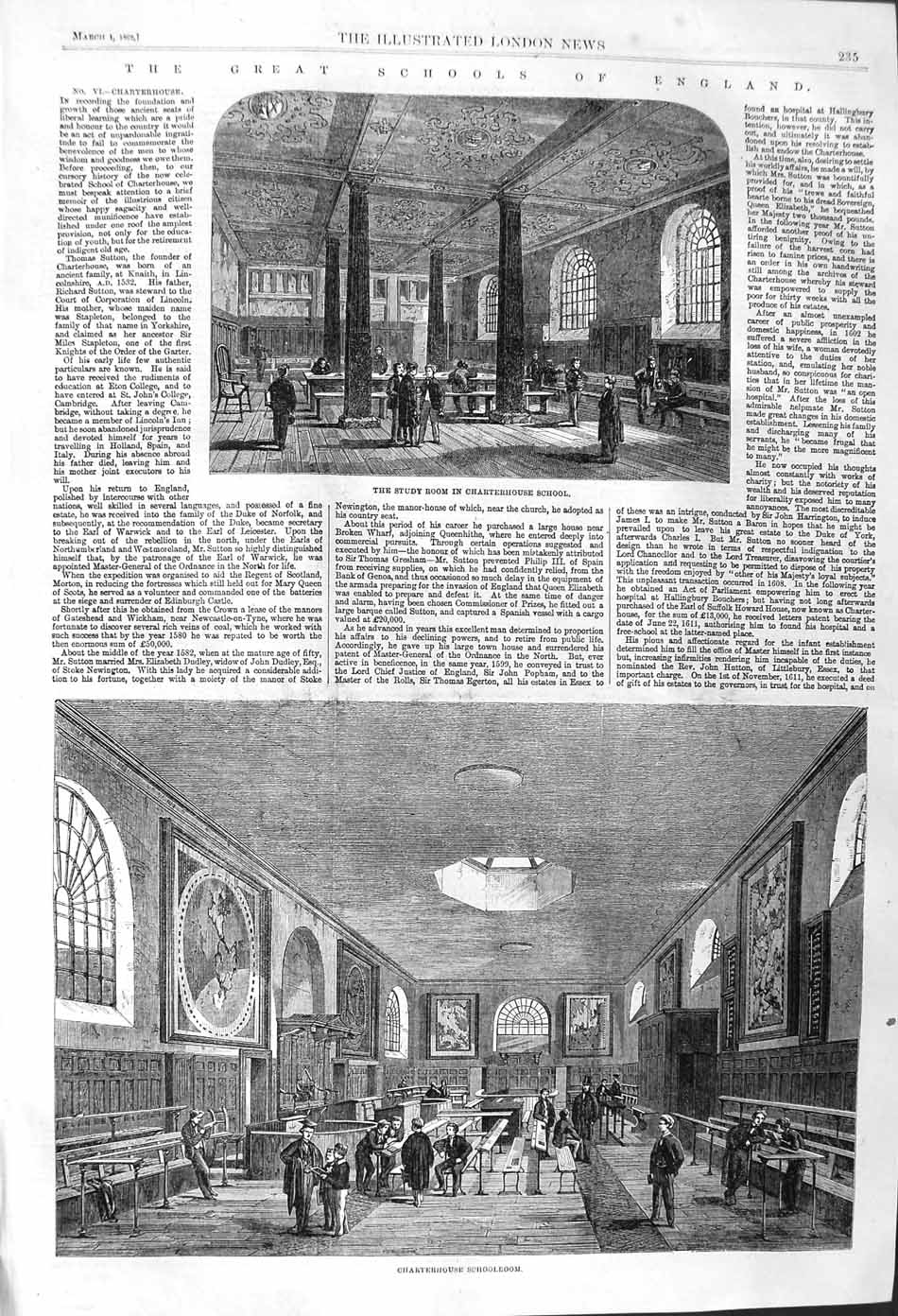 Original Old Antique Print 1862 School England Charterhouse Study Schoolroom