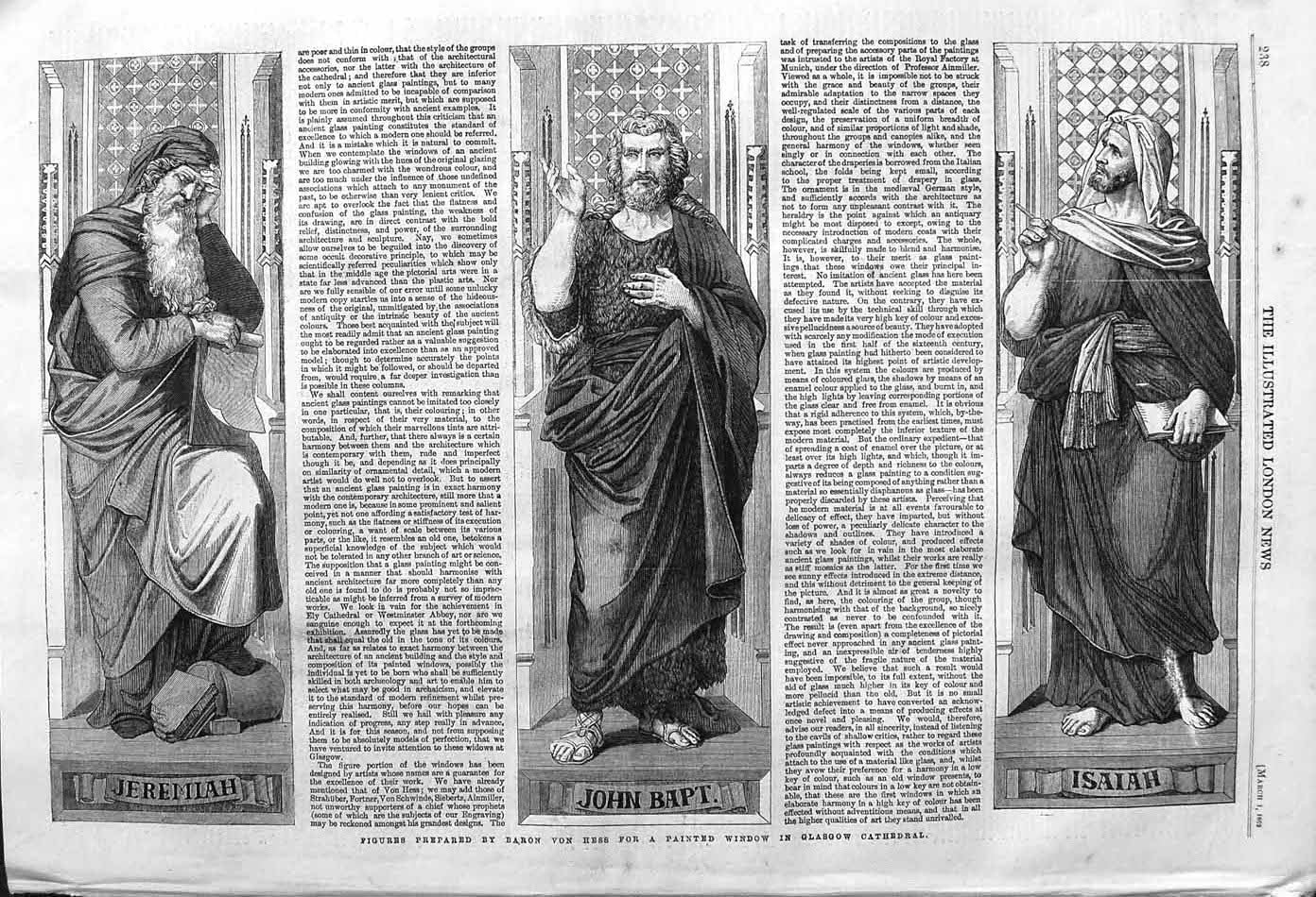 Original Old Antique Print 1862 Statue Glasgow Cathedral Jeremiah John Isaiah