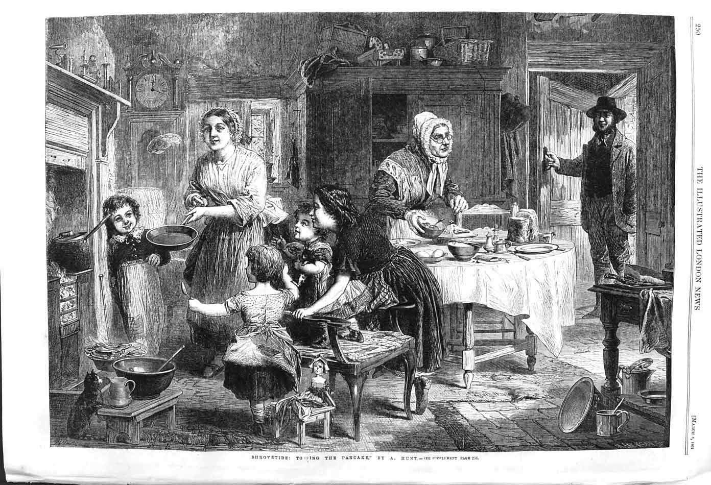 Original Old Antique Print 1862 Shrovetide Tossing Pancake Shrove Tuesday 19th