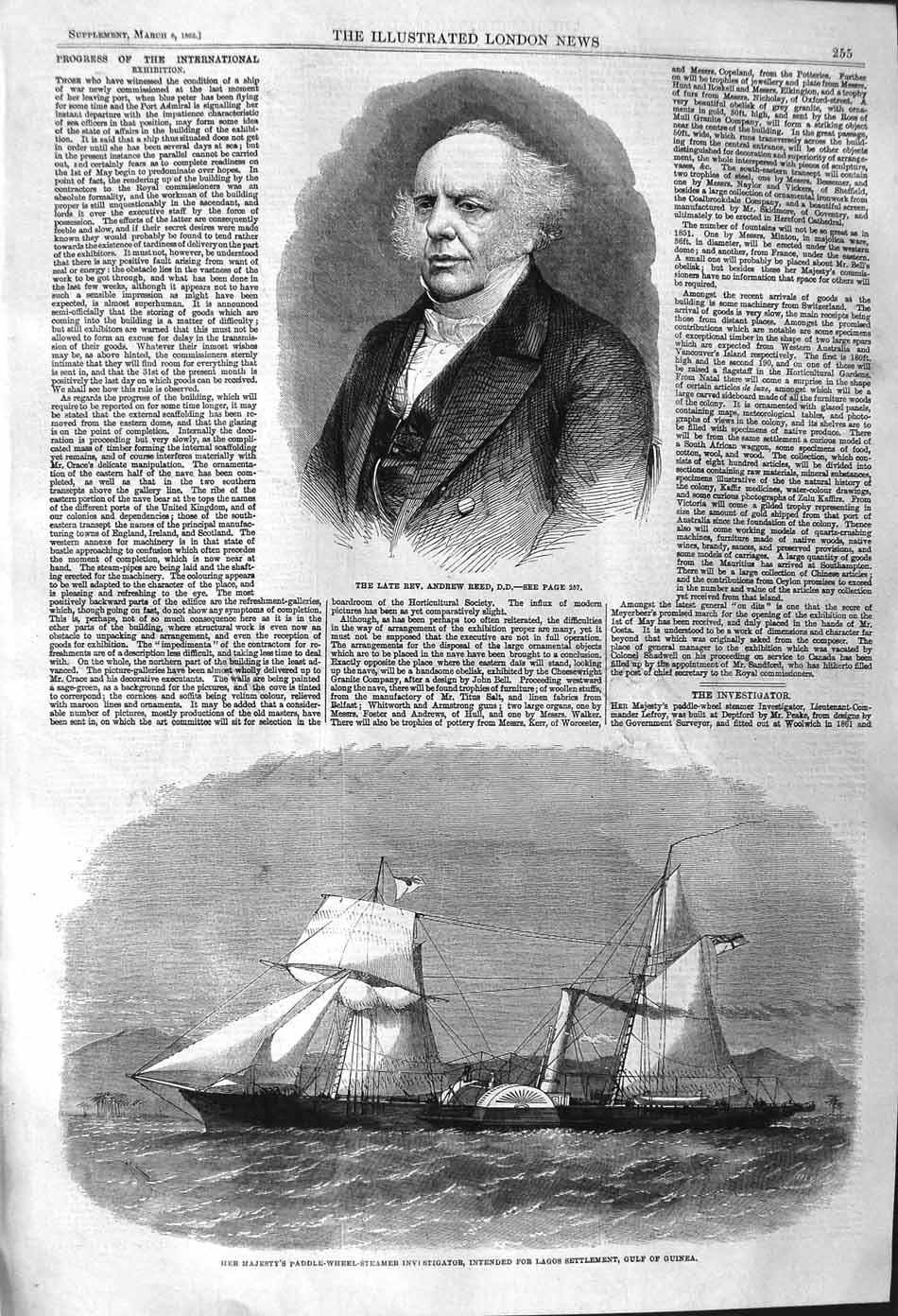 Old Antique Print 1862 Andrew Reed Paddle-Wheel Steamer Ship Investigator 19th