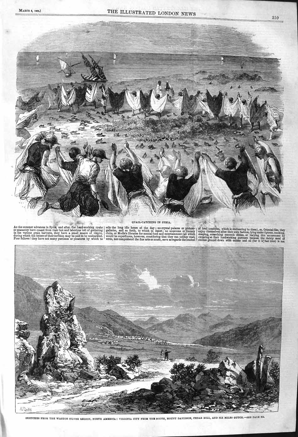 Old Antique Print 1862 Quail Catching Syria Washoe Silver America Cedar 19th