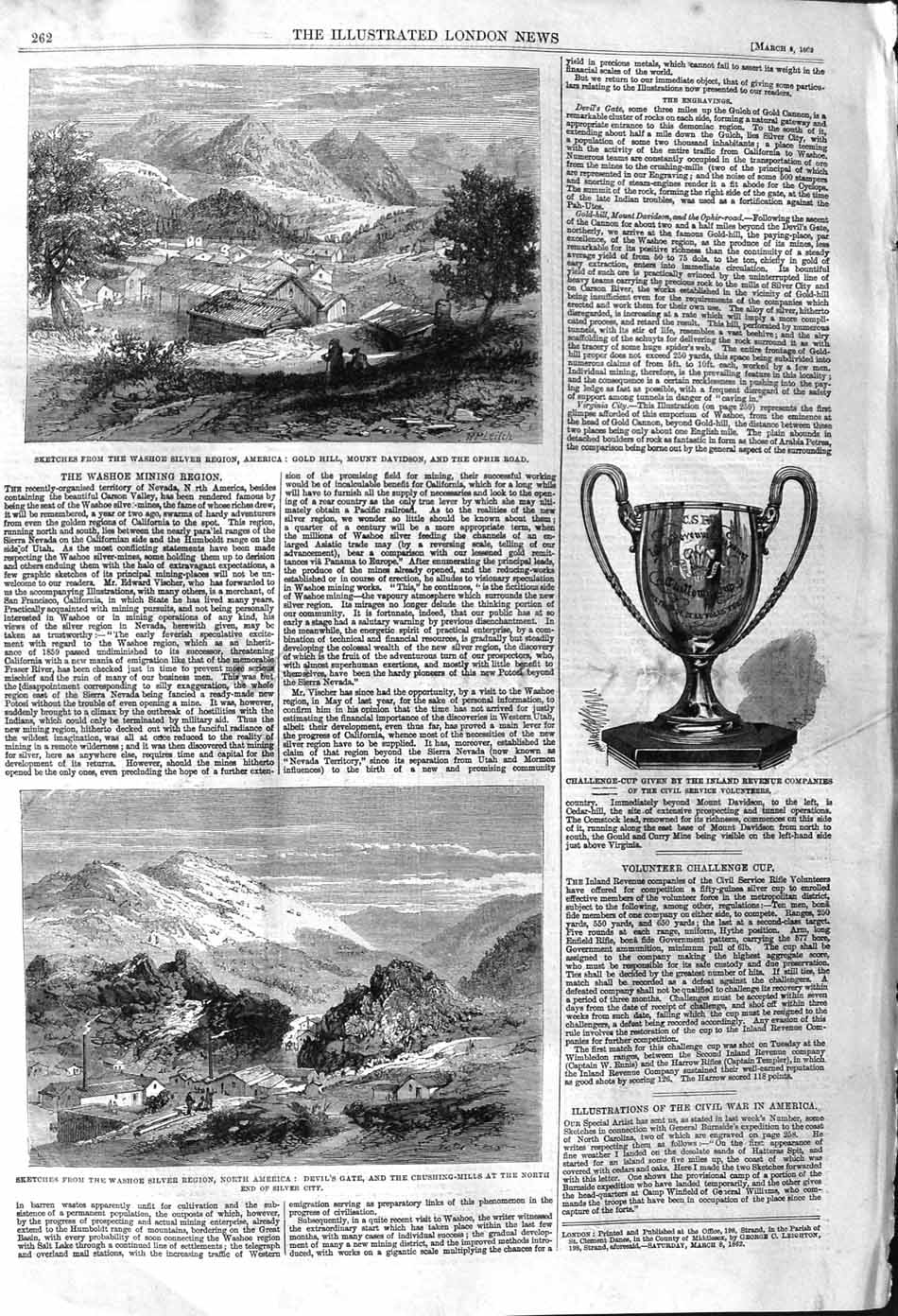 Original Old Antique Print 1862 Washoe Silver Region America Devil'S Gate G 19th