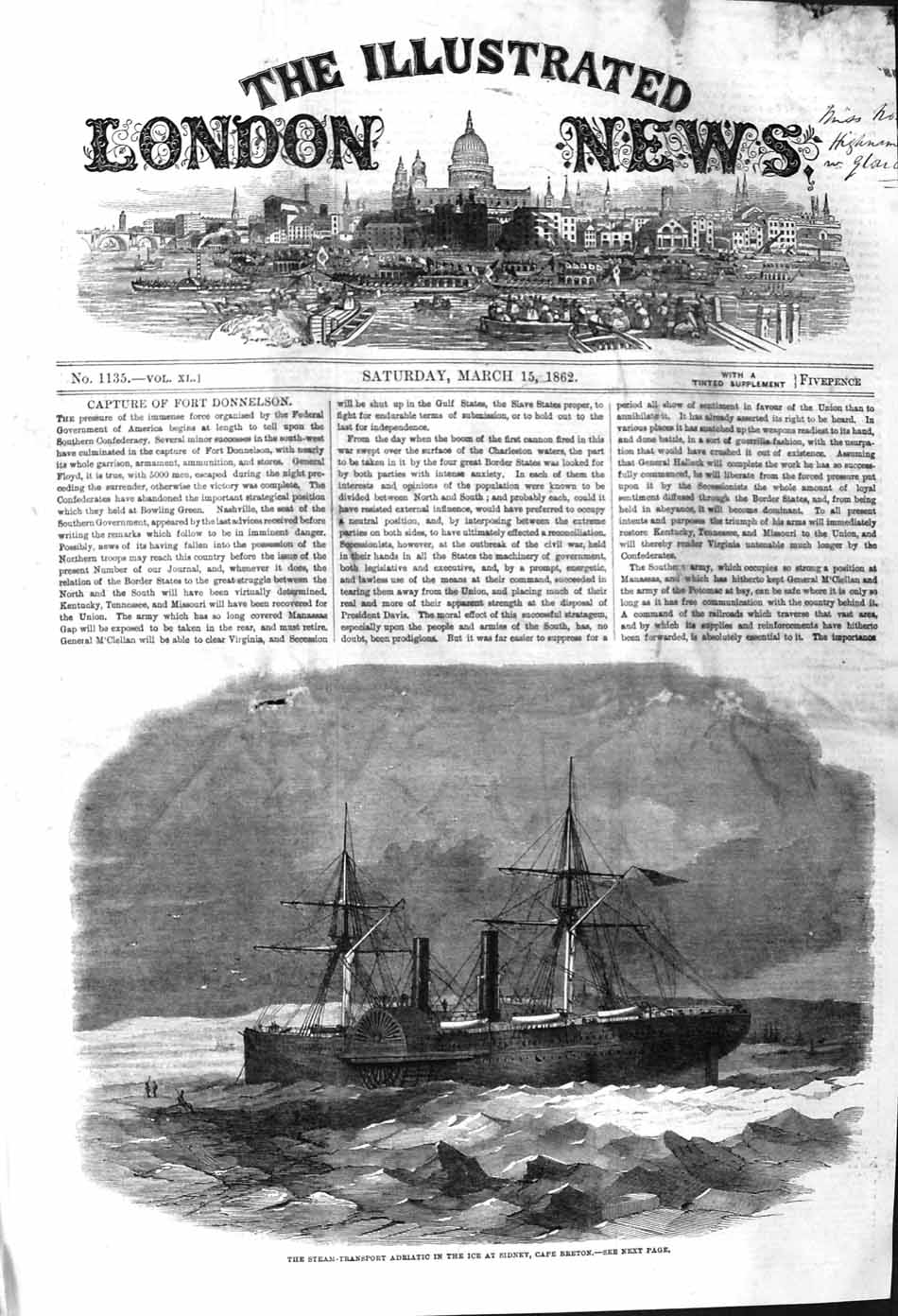 Original Old Antique Print 1862 Steam Transport Adriatic Ship Ice Sidney Breton