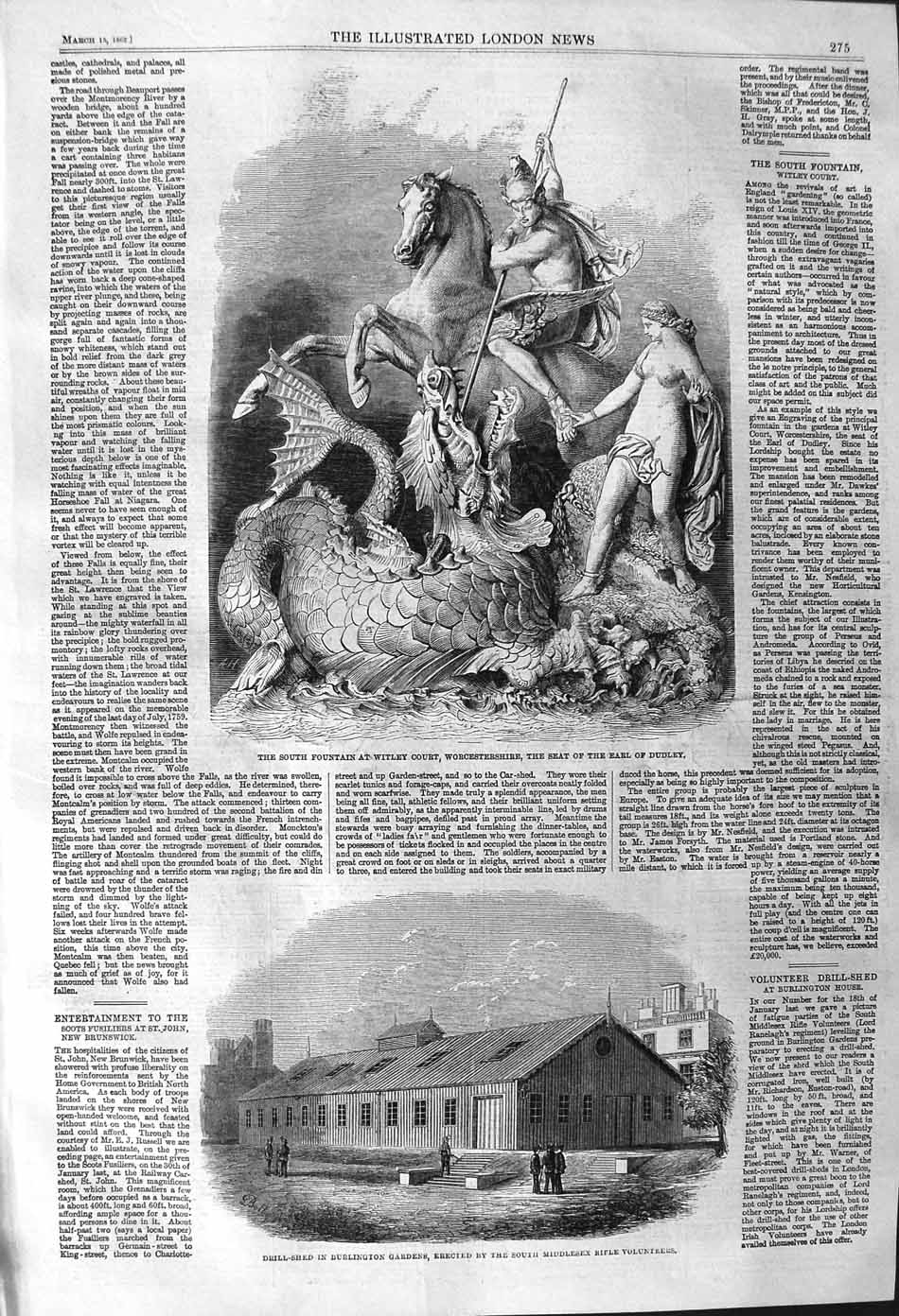 Original Old Antique Print 1862 Drill Shed Burlington Gardens Fountain Witley