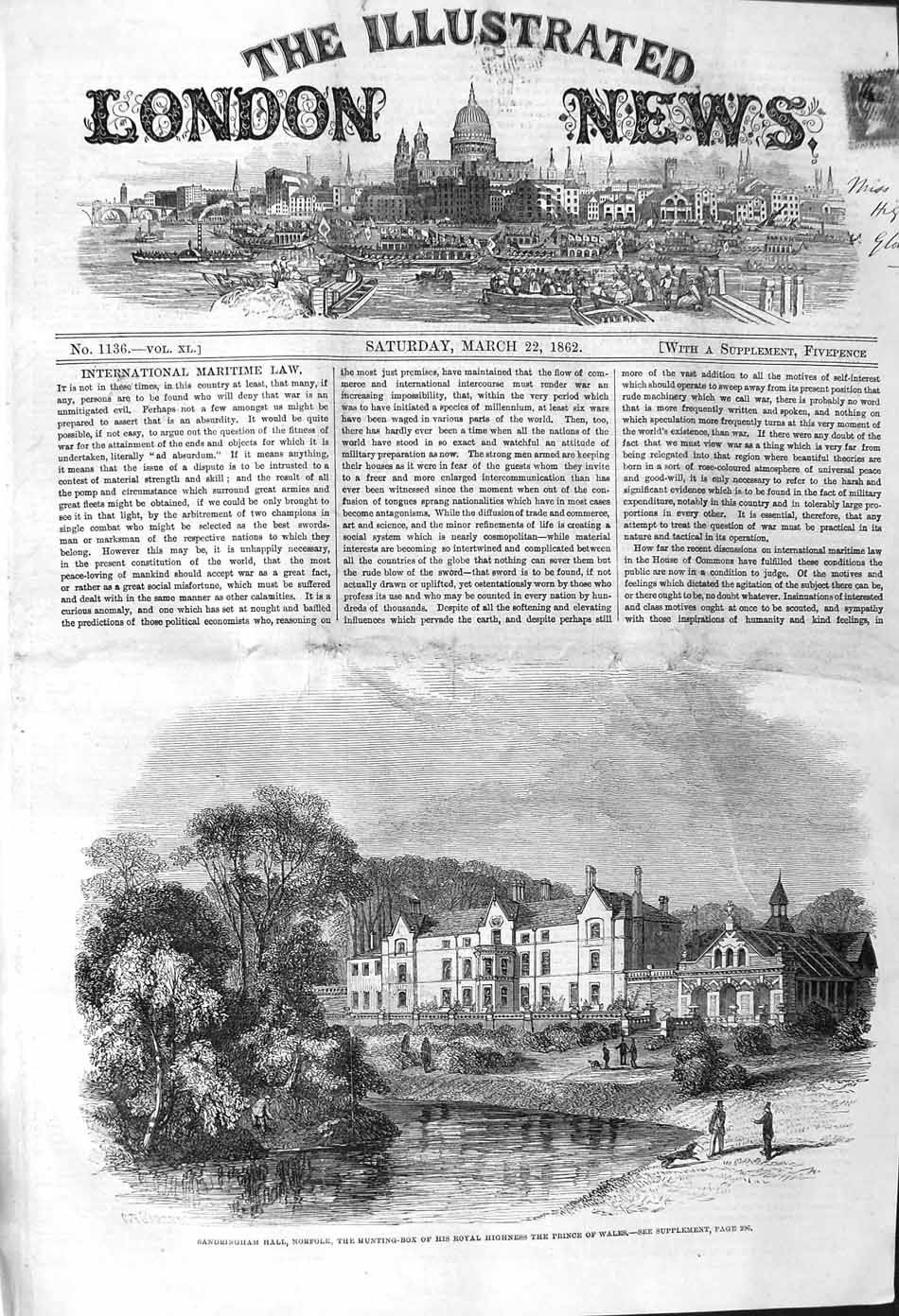Original Old Antique Print 1862 Sandringham Hall Norfolk Prince Wales Hunting