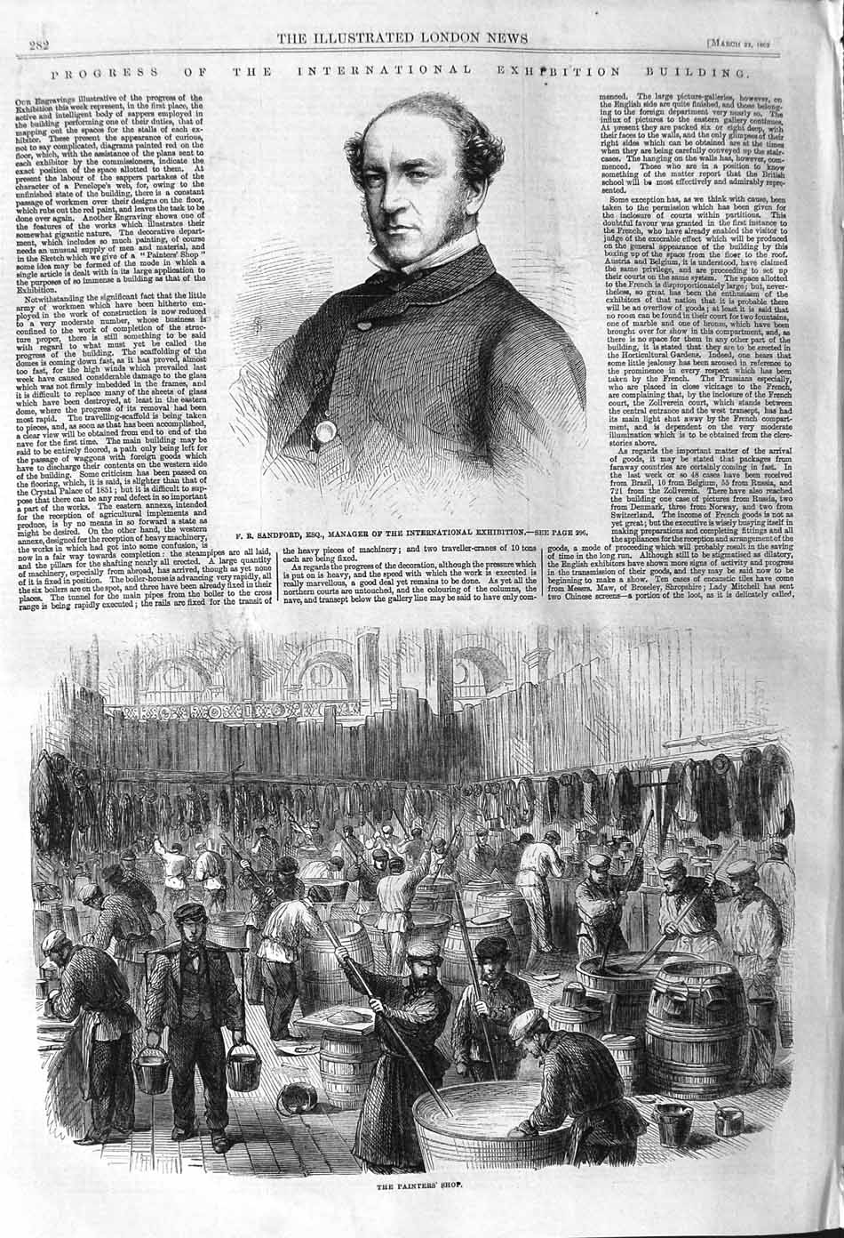 Original Old Antique Print 1862 Sandford International Exhibition Painters Shop