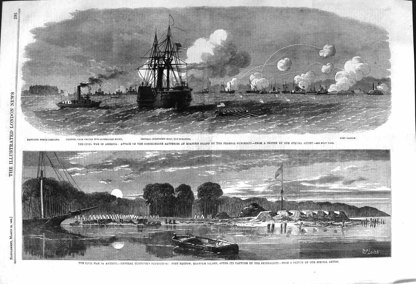 Original Old Antique Print 1862 Civil War America Roanoke Fort Bartow Burnside