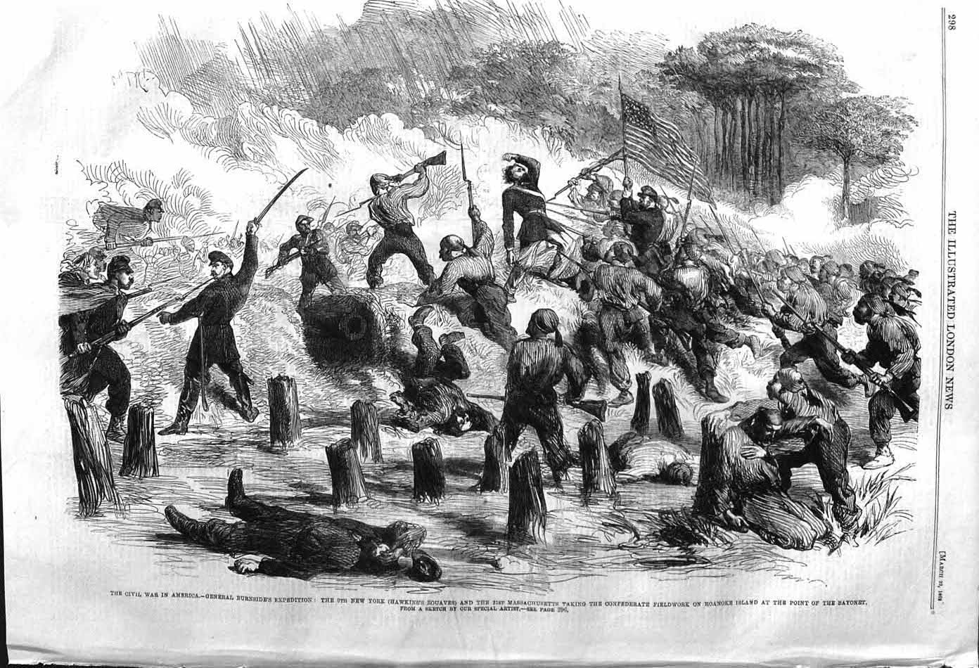 Old Antique Print 1862 War America New York Massachusetts Roanoke Battle 19th
