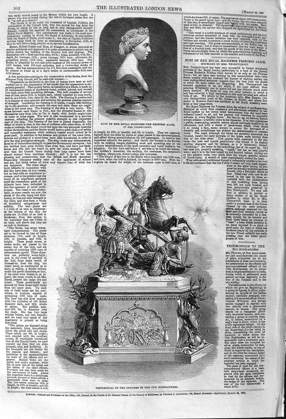 Old Antique Print 1862 Bust Princess Alice Testimonial Highlanders Army 19th