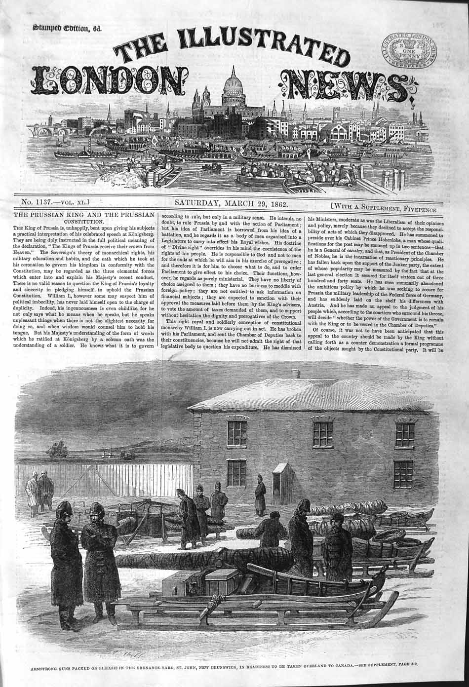 Original Old Antique Print 1862 Armstrong Guns Sleighs Brunswick Canada Weapons