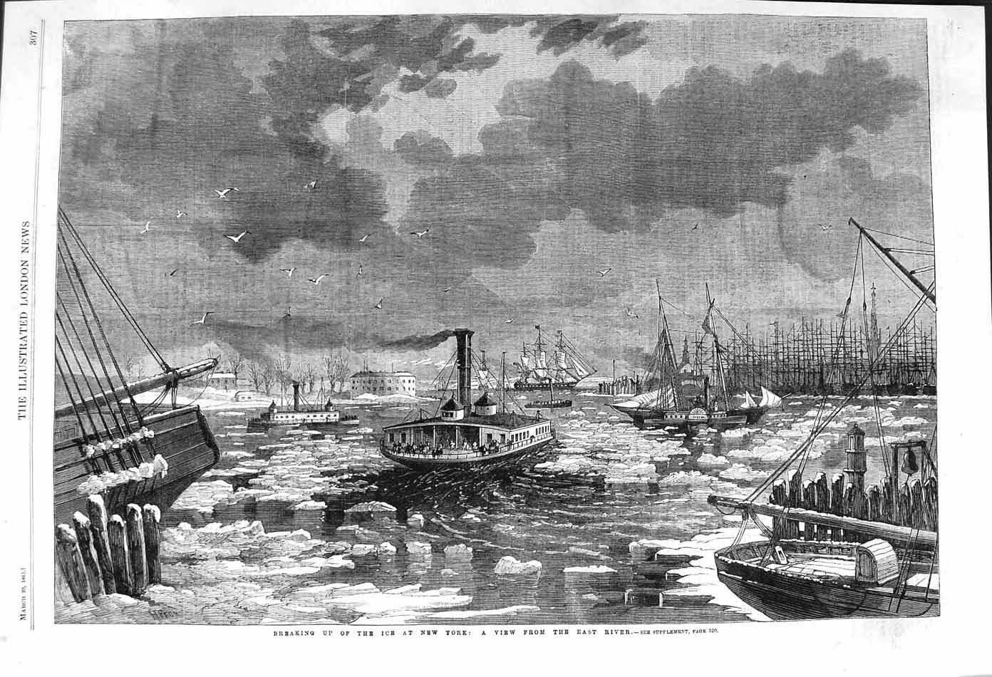 Original Old Antique Print 1862 Breaking Up Ice New York America East River