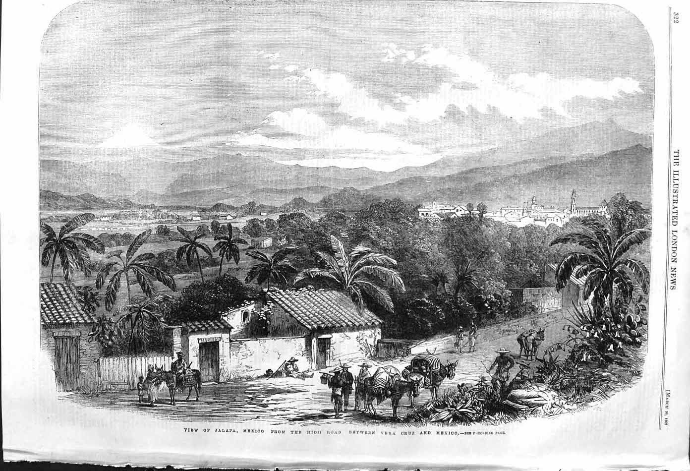 Old Antique Print 1862 View Jalapa Mexico Road Vera Cruz Houses Mountains 19th