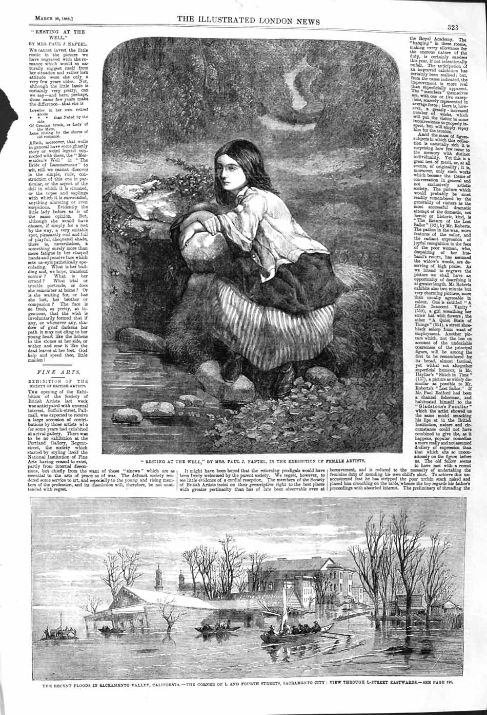 Original Old Antique Print 1862 Floods Sacramento California Little Girl Well