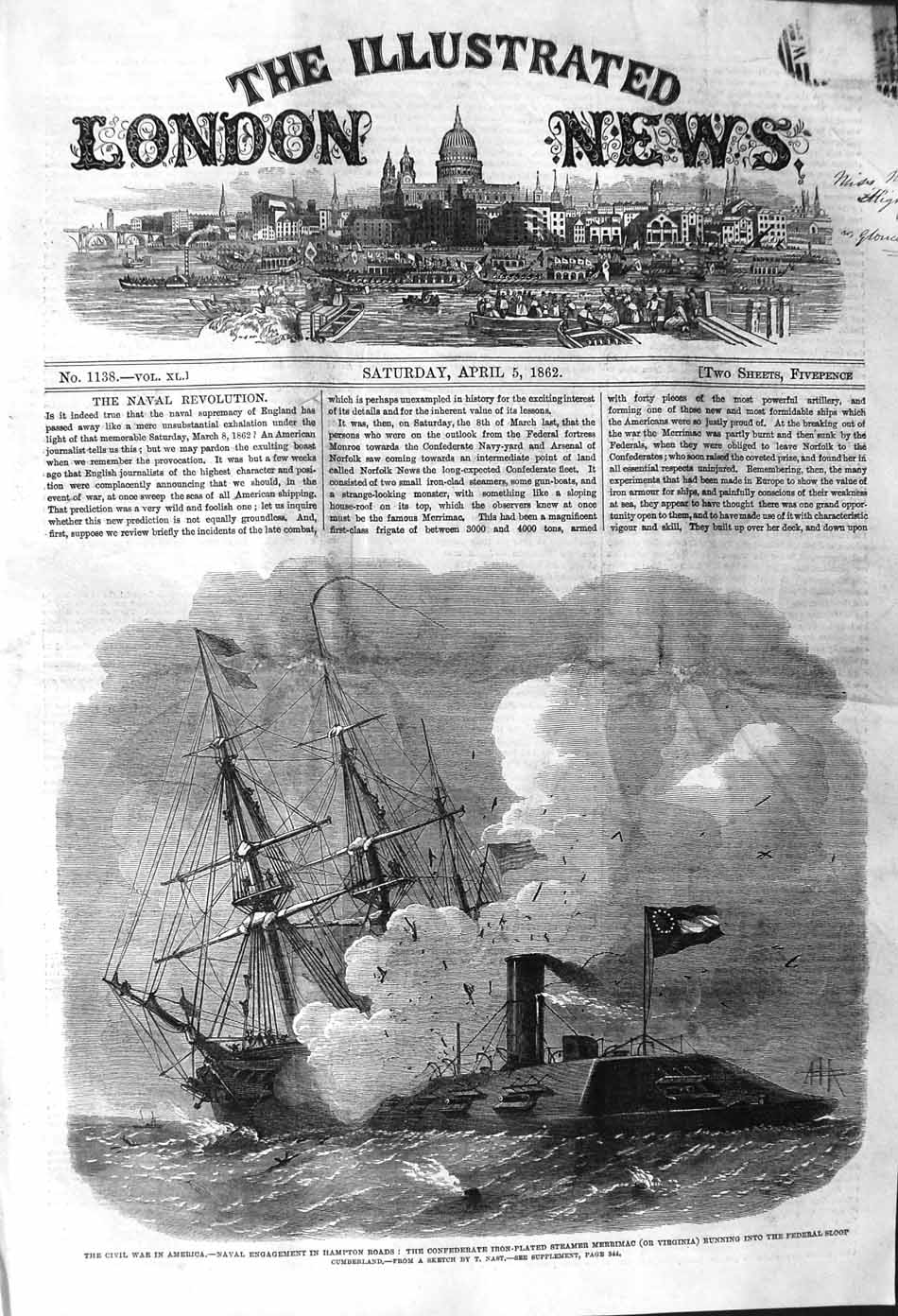 Original Old Antique Print 1862 Civil War America Hampton Roads Navy Ship M 19th