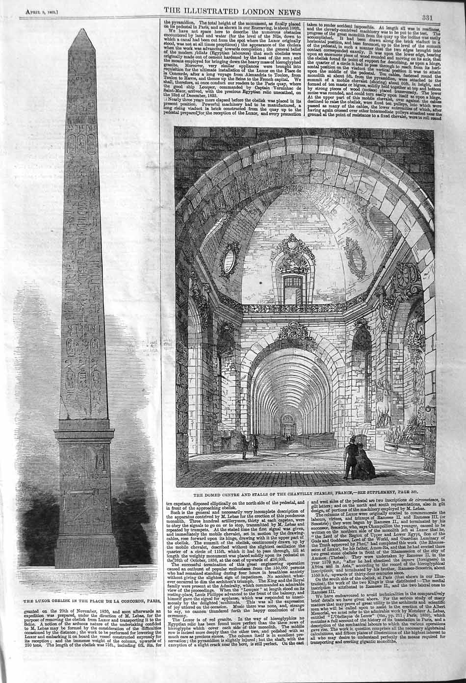 Original Old Antique Print 1862 Luxor Obelisk Concorde Paris Chantilly 19th
