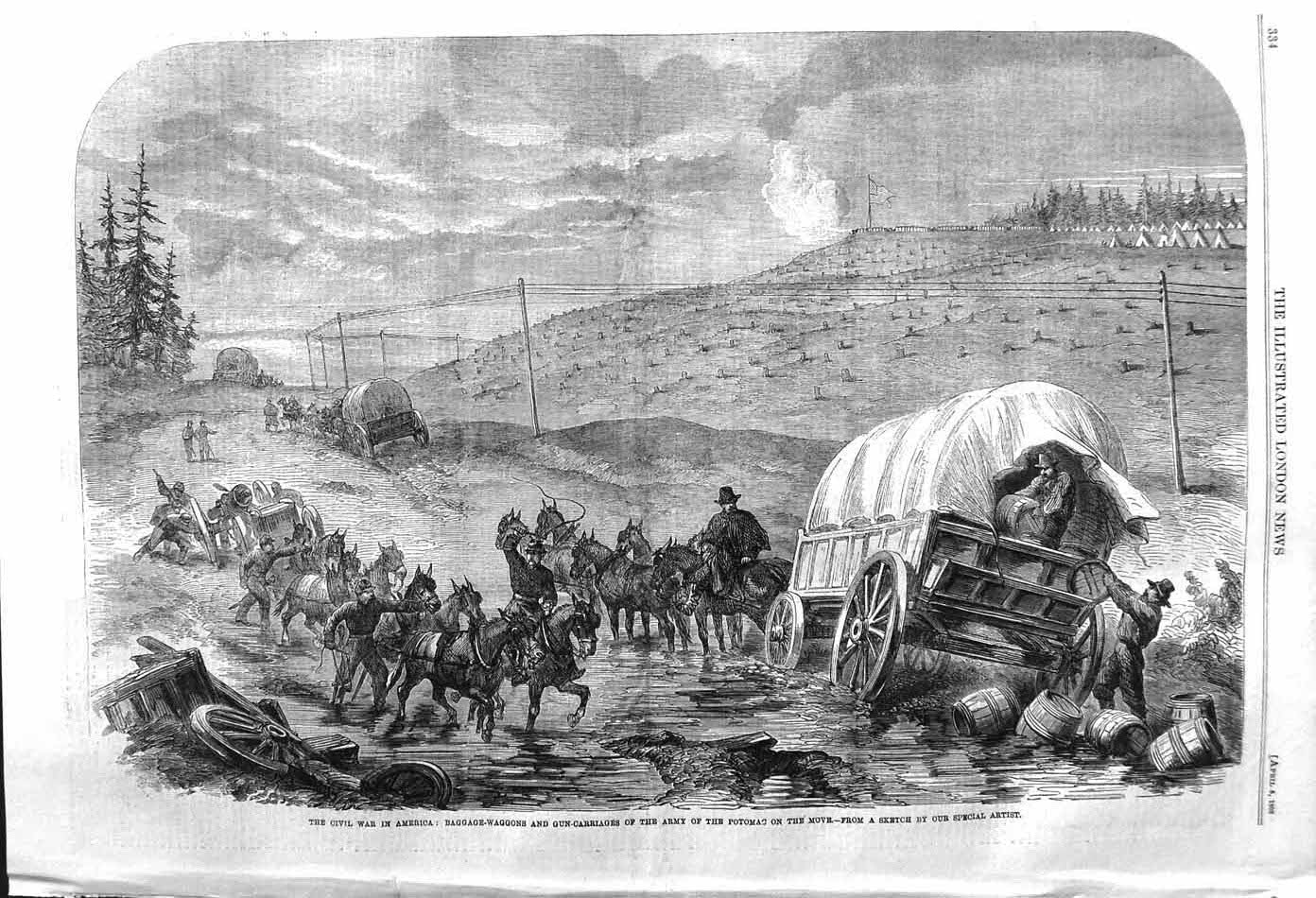 Original Old Antique Print 1862 War America Baggage Waggons Army Potomac Guns