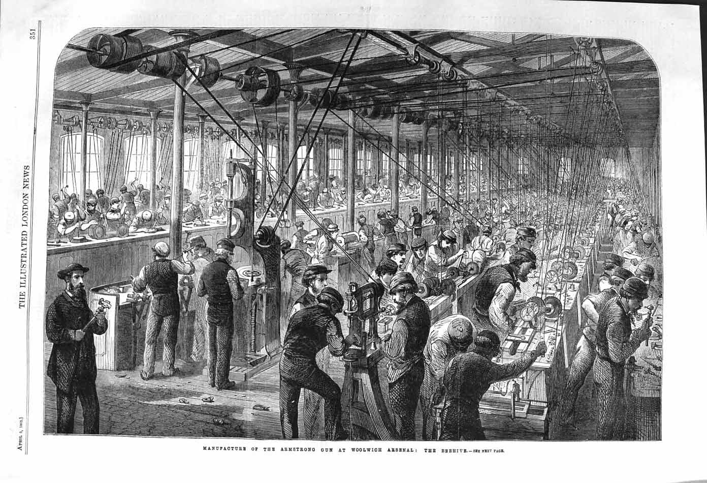 Original Old Antique Print 1862 Manufacture Armstrong Gun Woolwich Arsenal Navy