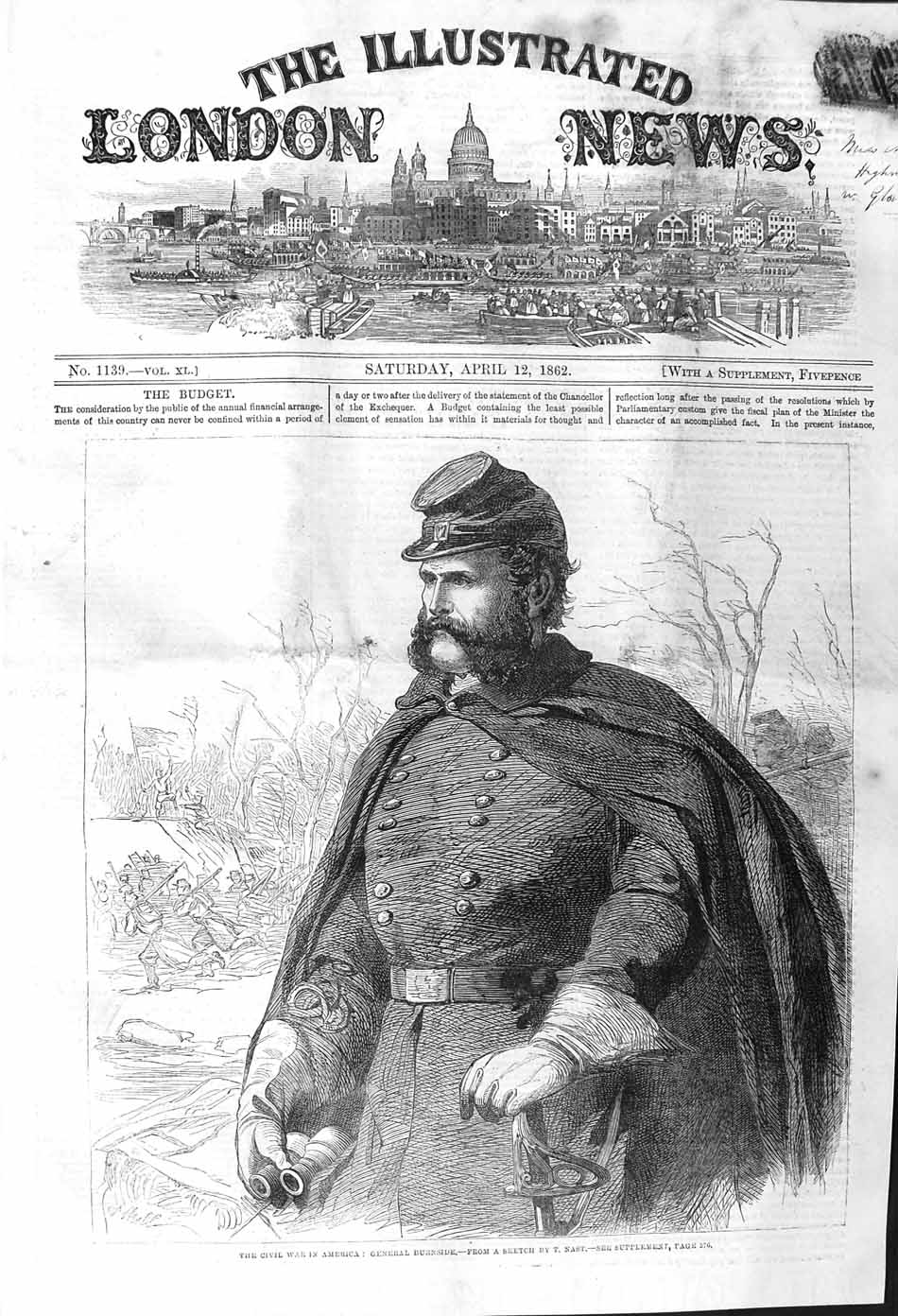 Original Old Antique Print 1862 Civil War America General Burnside A Victorian
