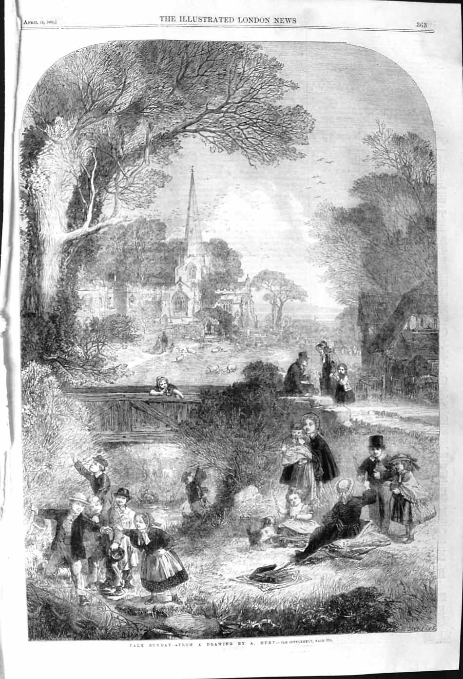 Old Antique Print 1862 Palm Sunday Church Children Picnic Stream Bridge 19th