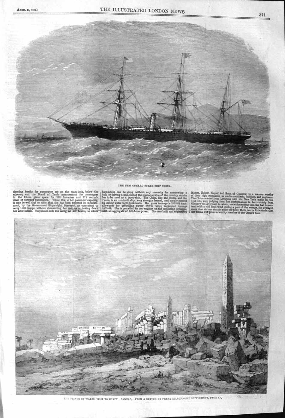 Original Old Antique Print 1862 Cunard Steam Ship China Prince Wales Wgypt 19th