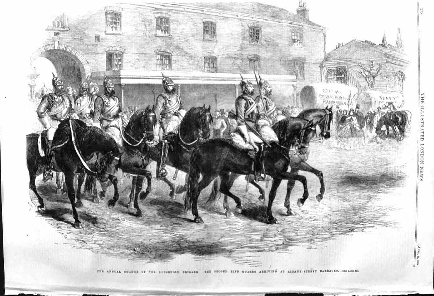 Original Old Antique Print 1862 Change HousehBrigade Guards Albany Barracks