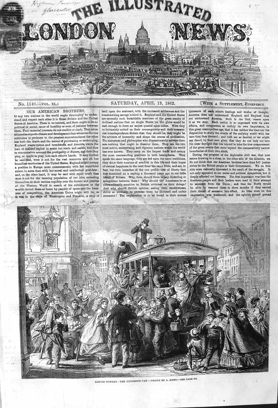 Original Old Antique Print 1862 Easter Monday Excursion Van Transport Families