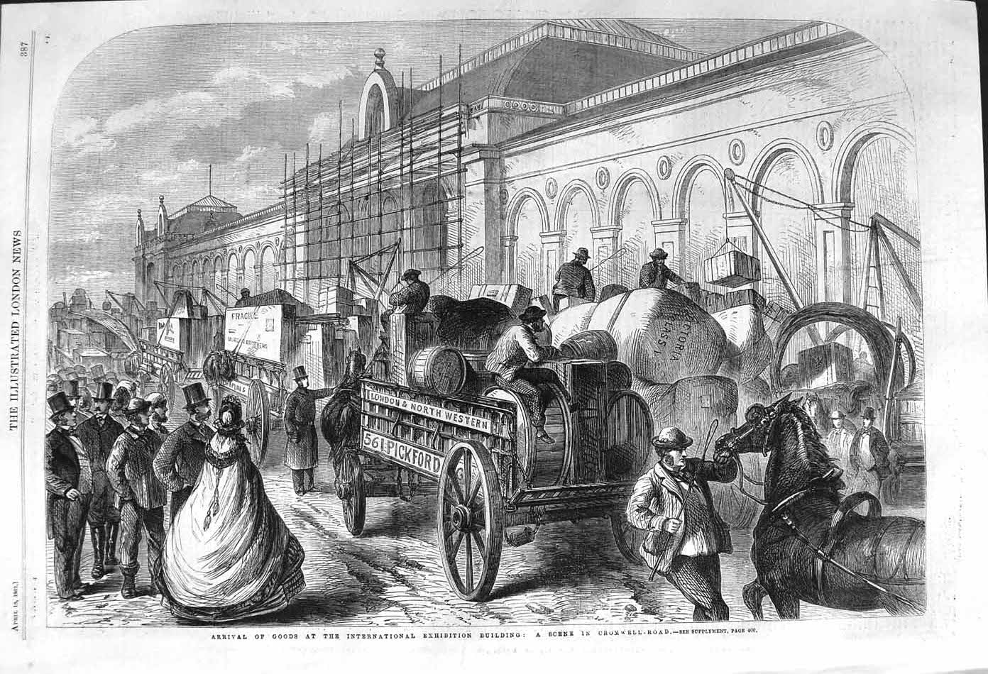 Antique Old Print *3750 1862 Cromwell Road Arrival Goods Exhibition Building