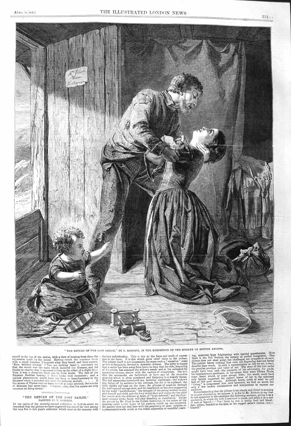 Original Old Antique Print 1862 Scene Return Lost Sailor Man Woman Romance 19th
