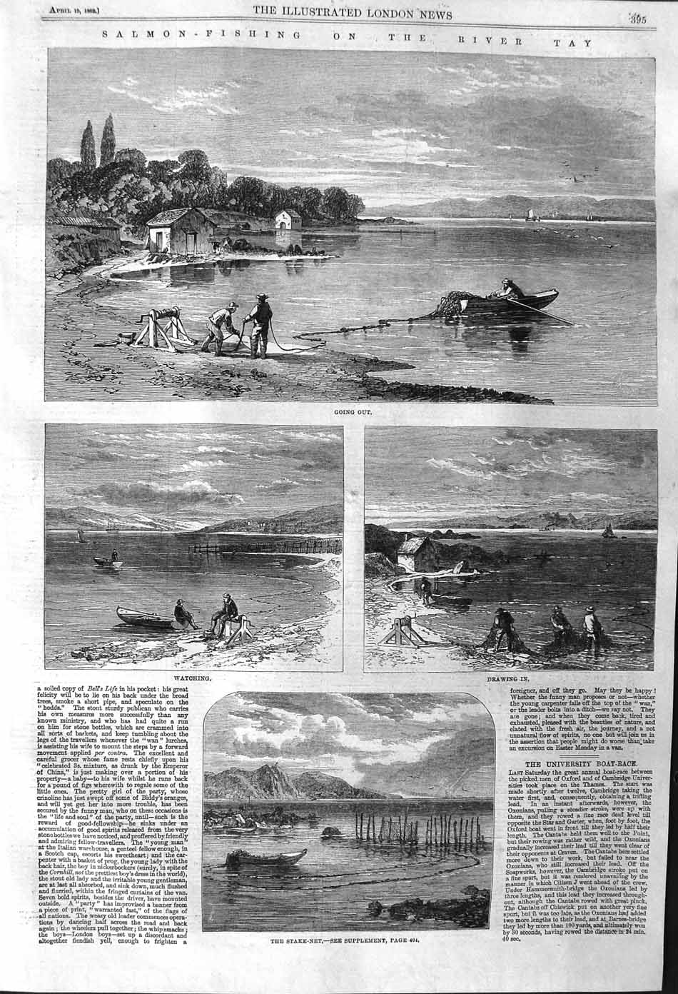 Original Old Antique Print 1862 Salmon Fishing River Tay Scotland Boat 19th