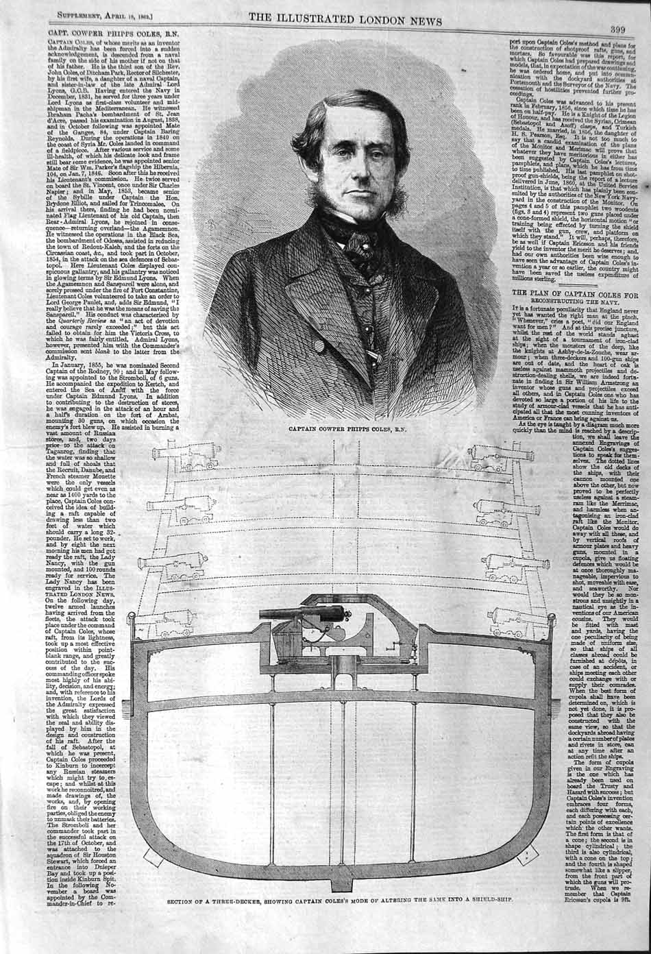 Original Old Antique Print 1862 Captain Cowper Phipps Coles Inventor Three 19th