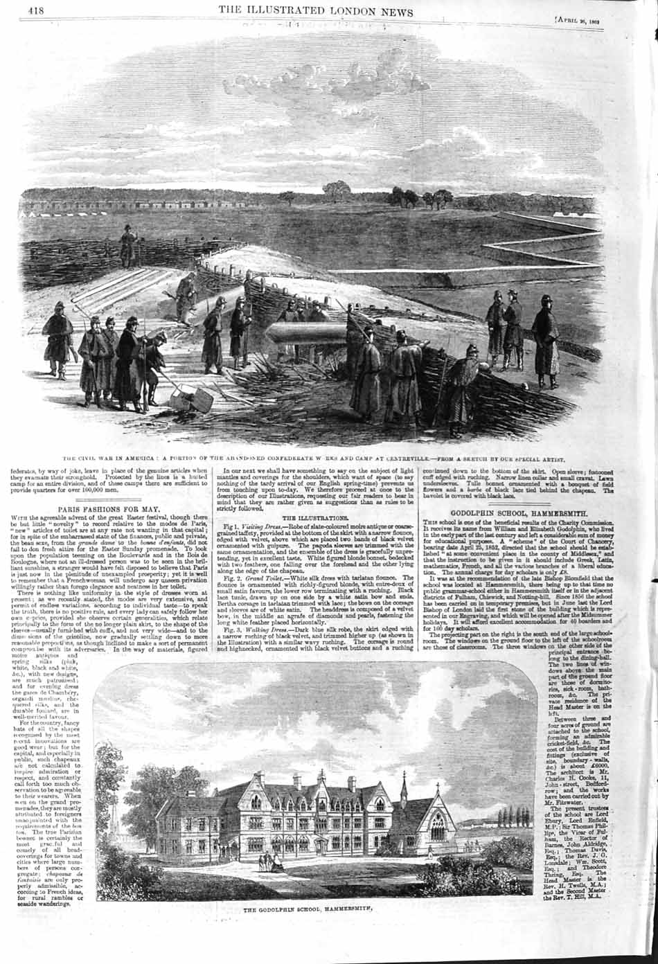 Old Antique Print 1862 Godolphin School Hammersmith Centreville America 19th