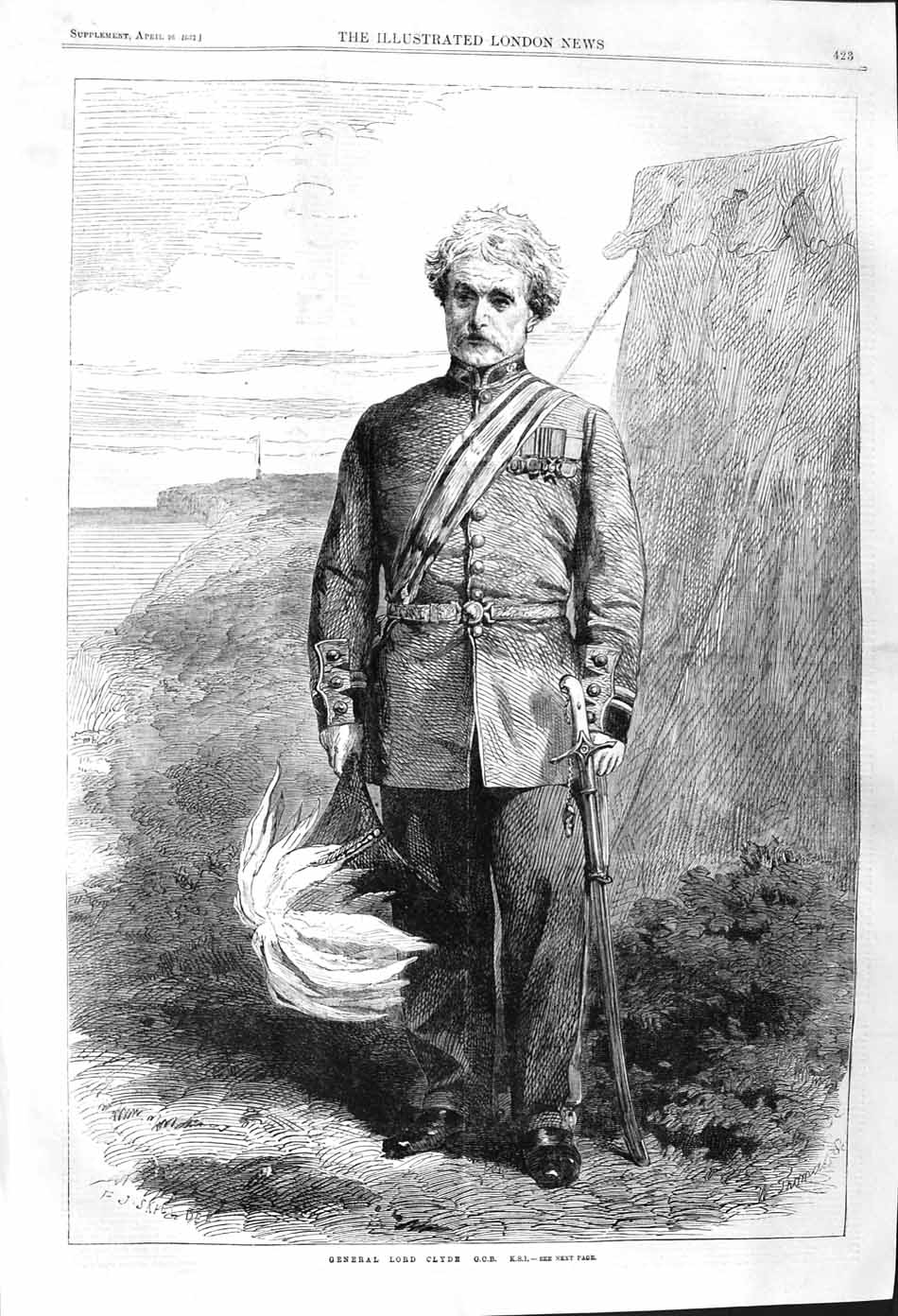 Original Old Antique Print 1862 Portrait General Lord Clyde G.C.B. K.S.I. 19th