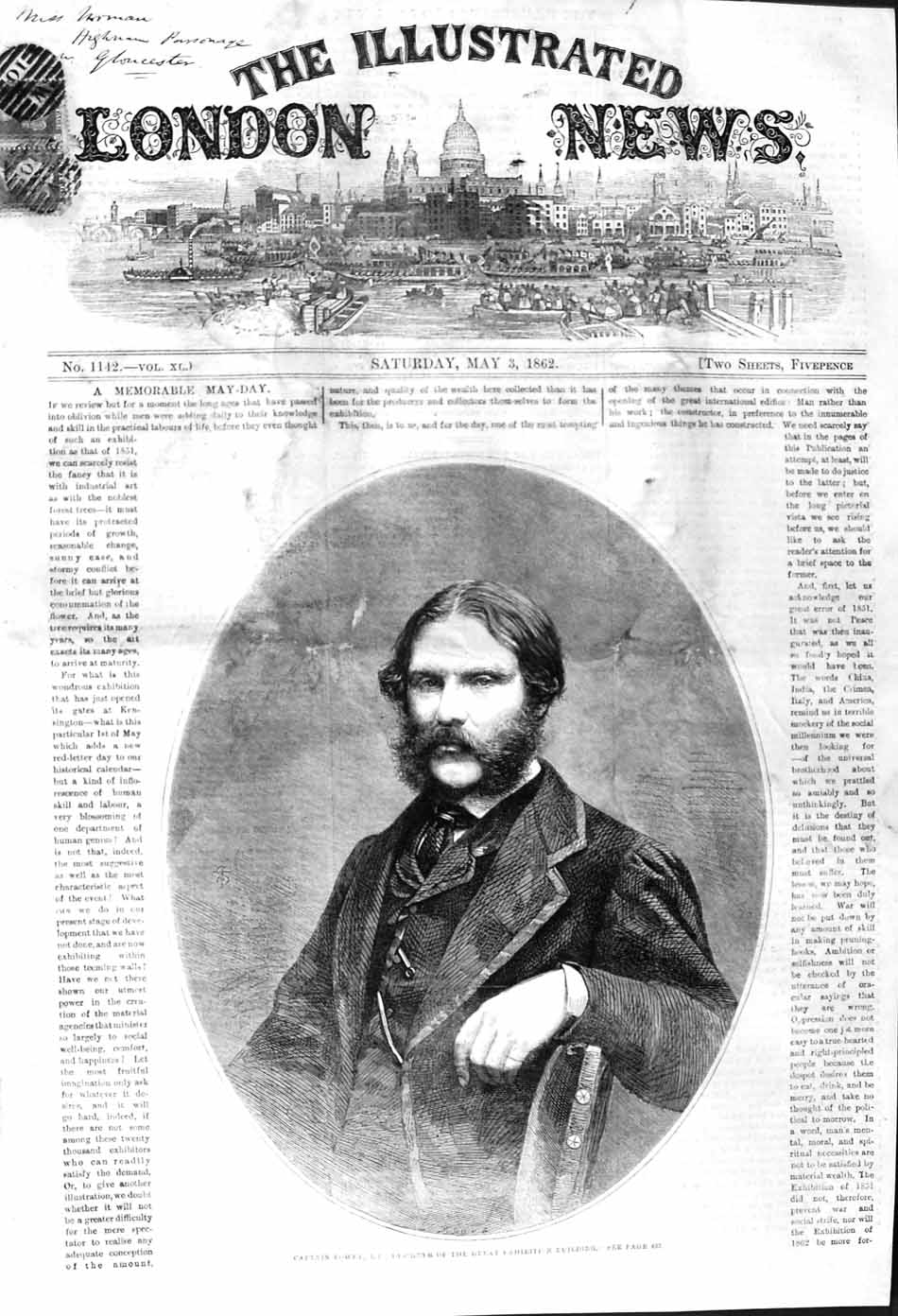 Original Old Antique Print 1862 Portrait Captain Fowee Designer Exhibition 19th