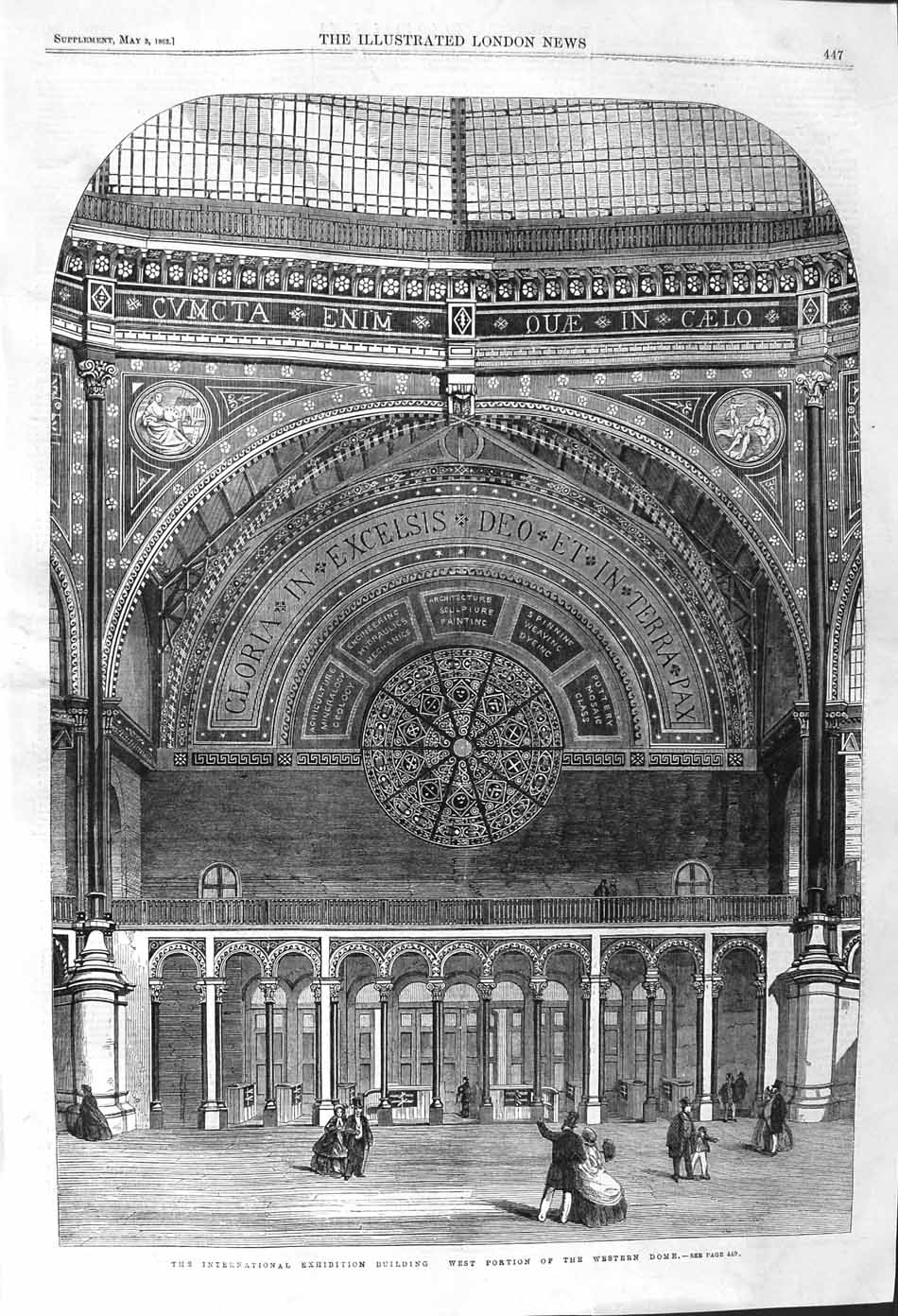 Original Old Antique Print 1862 International Exhibition Building Western Dome