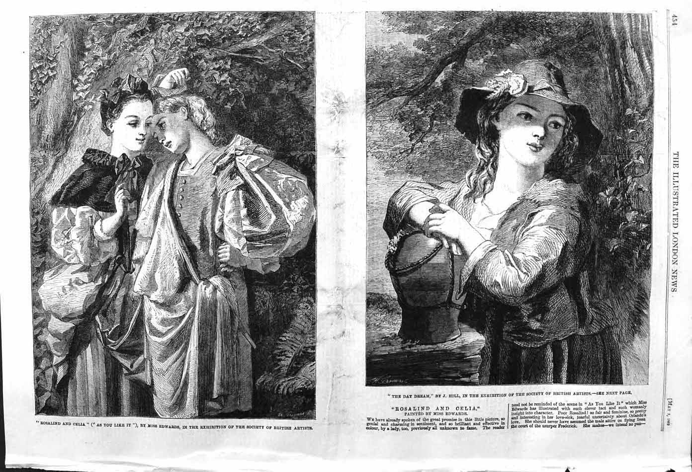 Original Old Antique Print 1862 Rosalind Celia Theatre Day Dream 19th