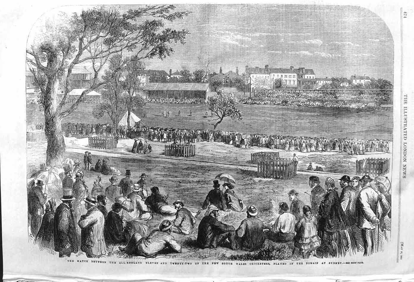 Original Old Antique Print 1862 Cricket Match England South Wales Sydne 19th
