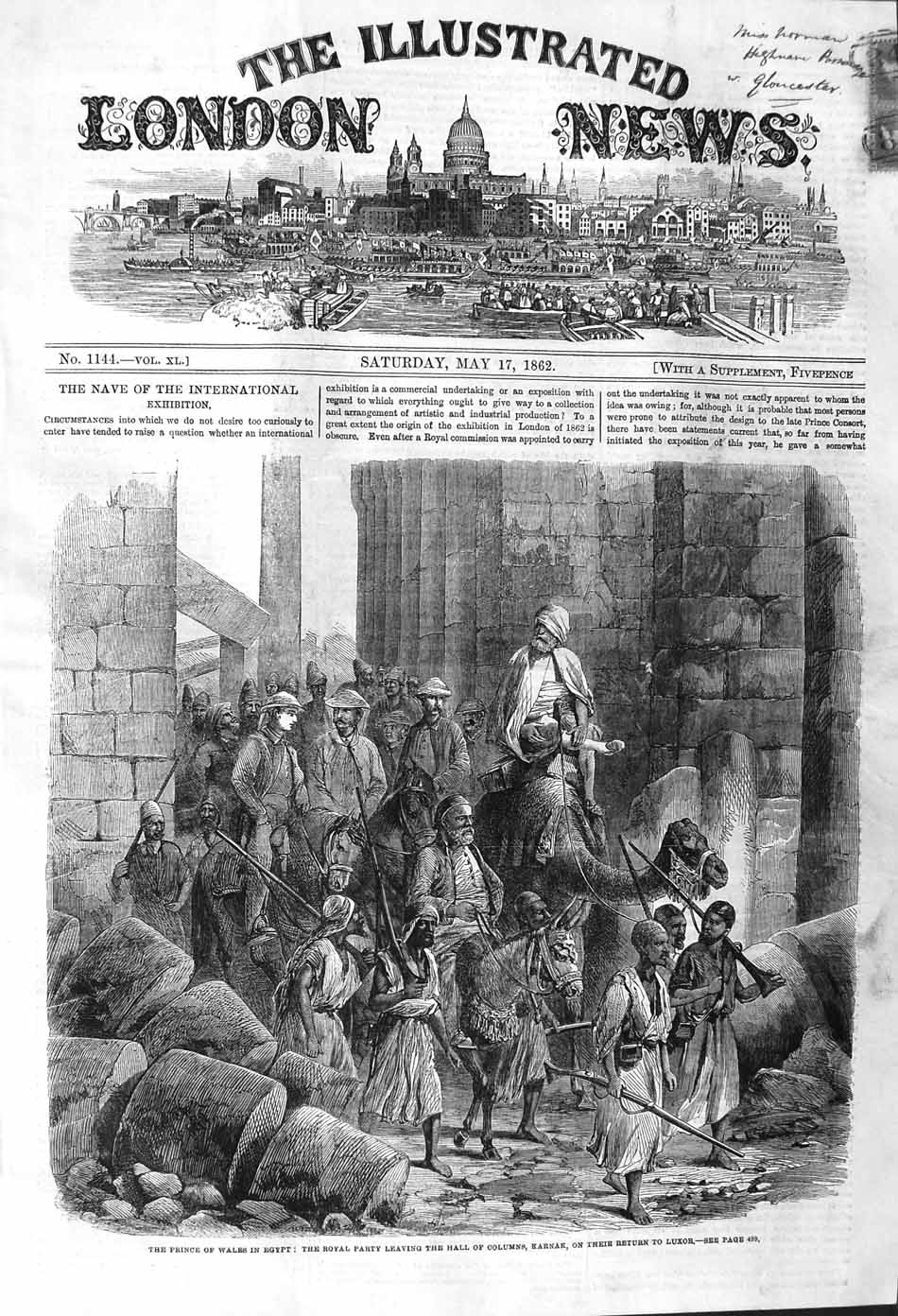 Original Old Antique Print 1862 Prince Wales Egypt Hall Columns Karnak Luxor