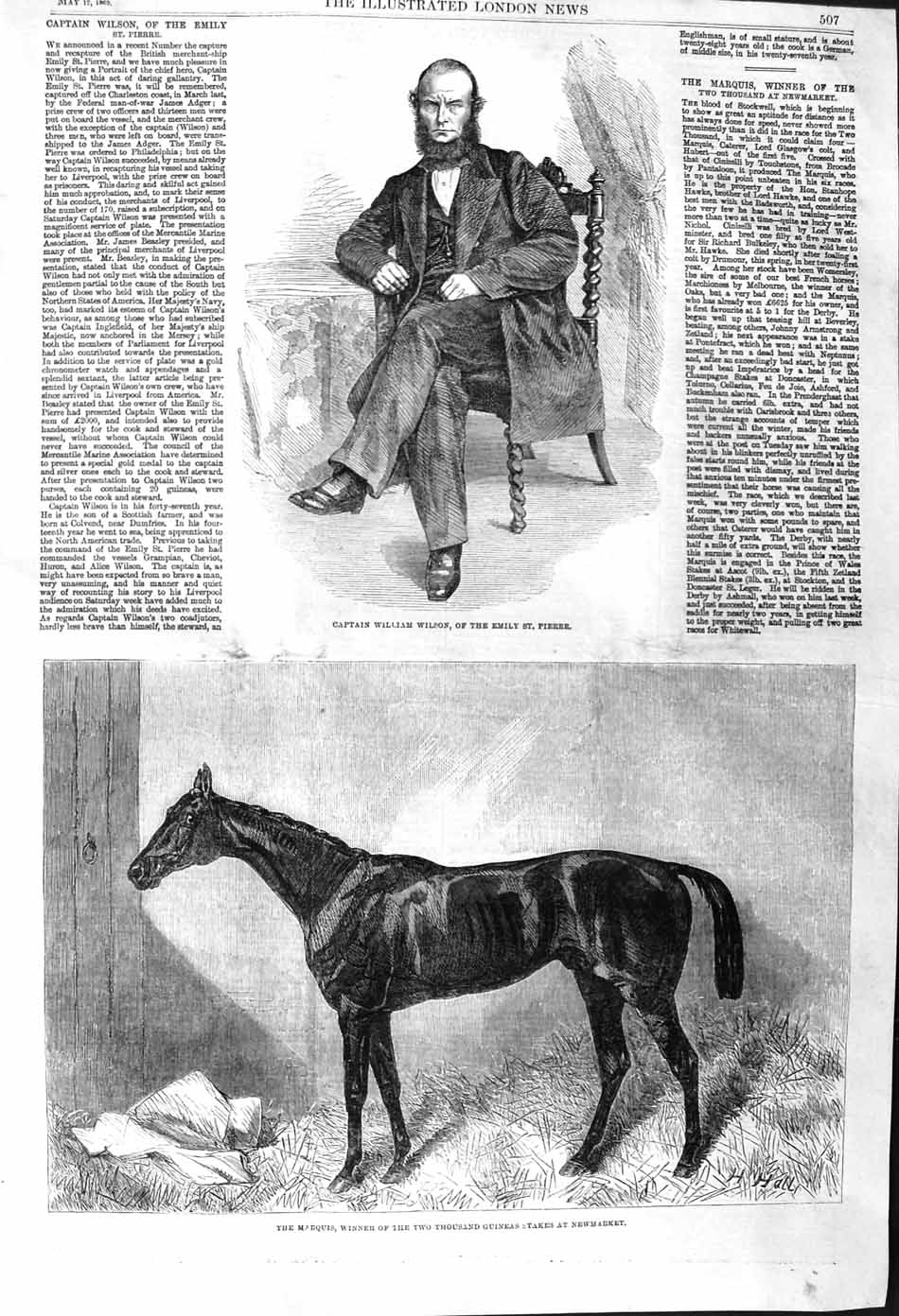Original Old Antique Print 1862 Captain William Wilson Marquis Horse Newmarket