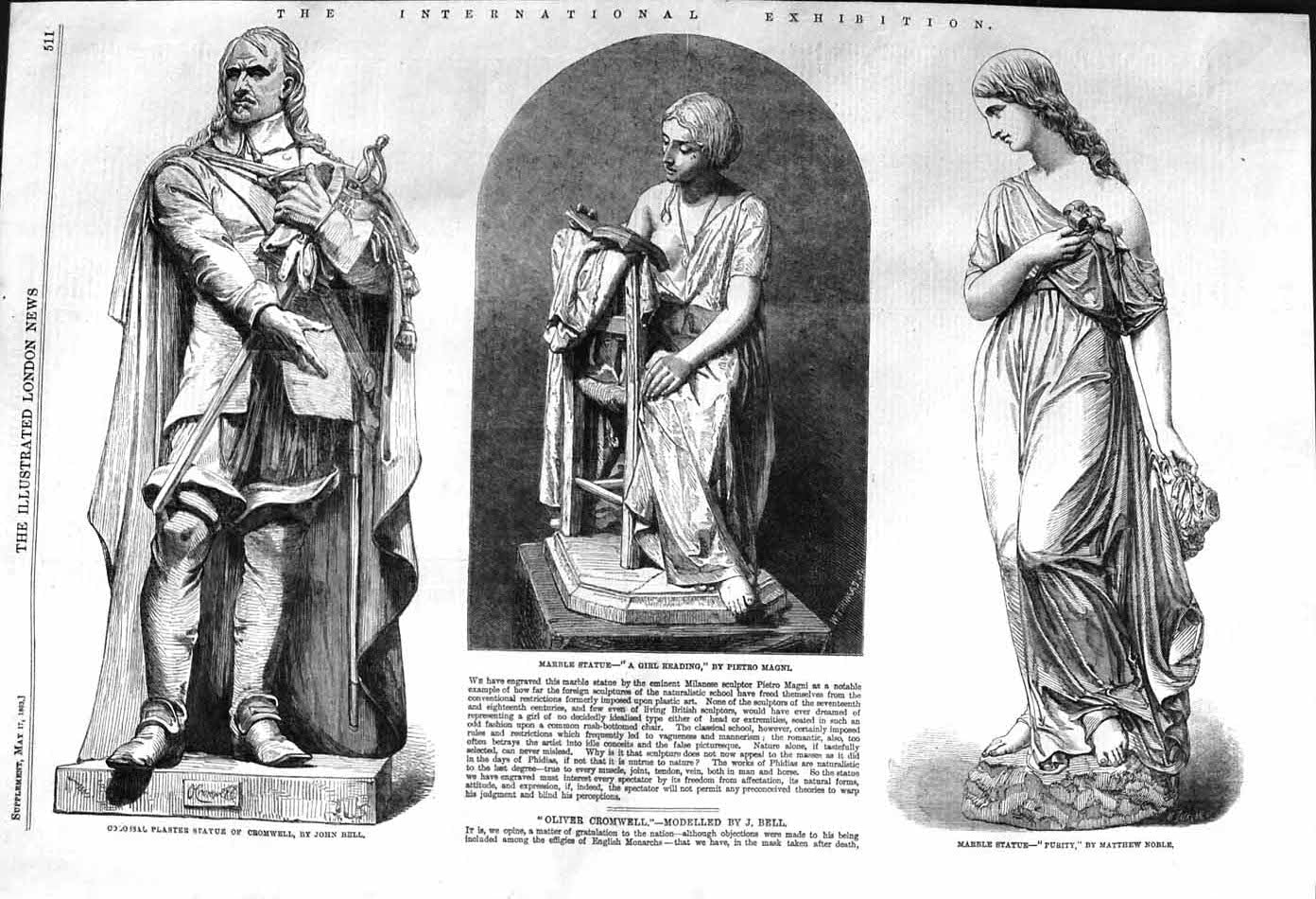 Original Old Antique Print 1862 Marble Statue Cromwell Purity Girl Reading 19th